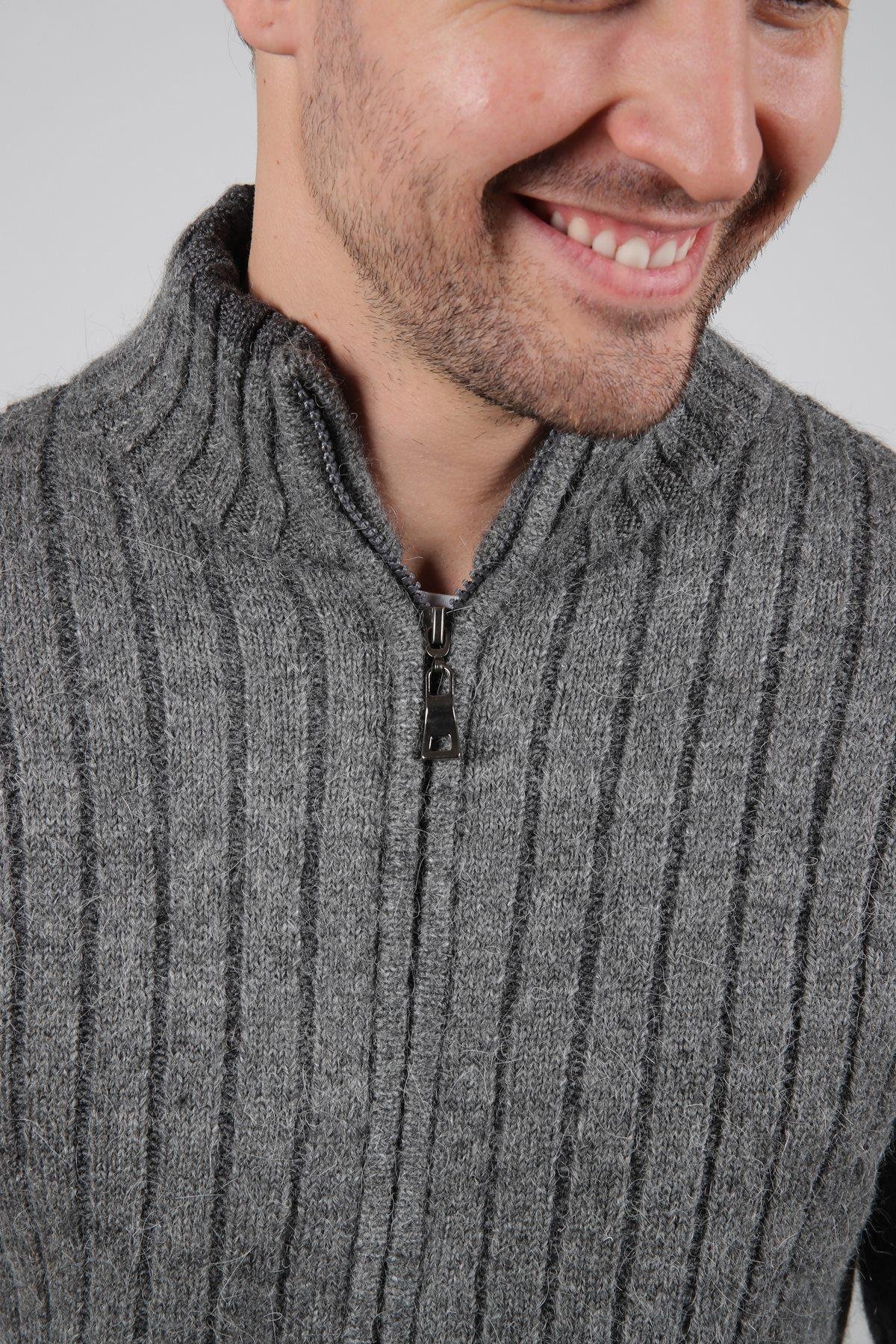 Ferraro Antrasit Fermuarlı Dik Yaka Cepli Alpaka ve Yünlü Erkek Triko Hırka