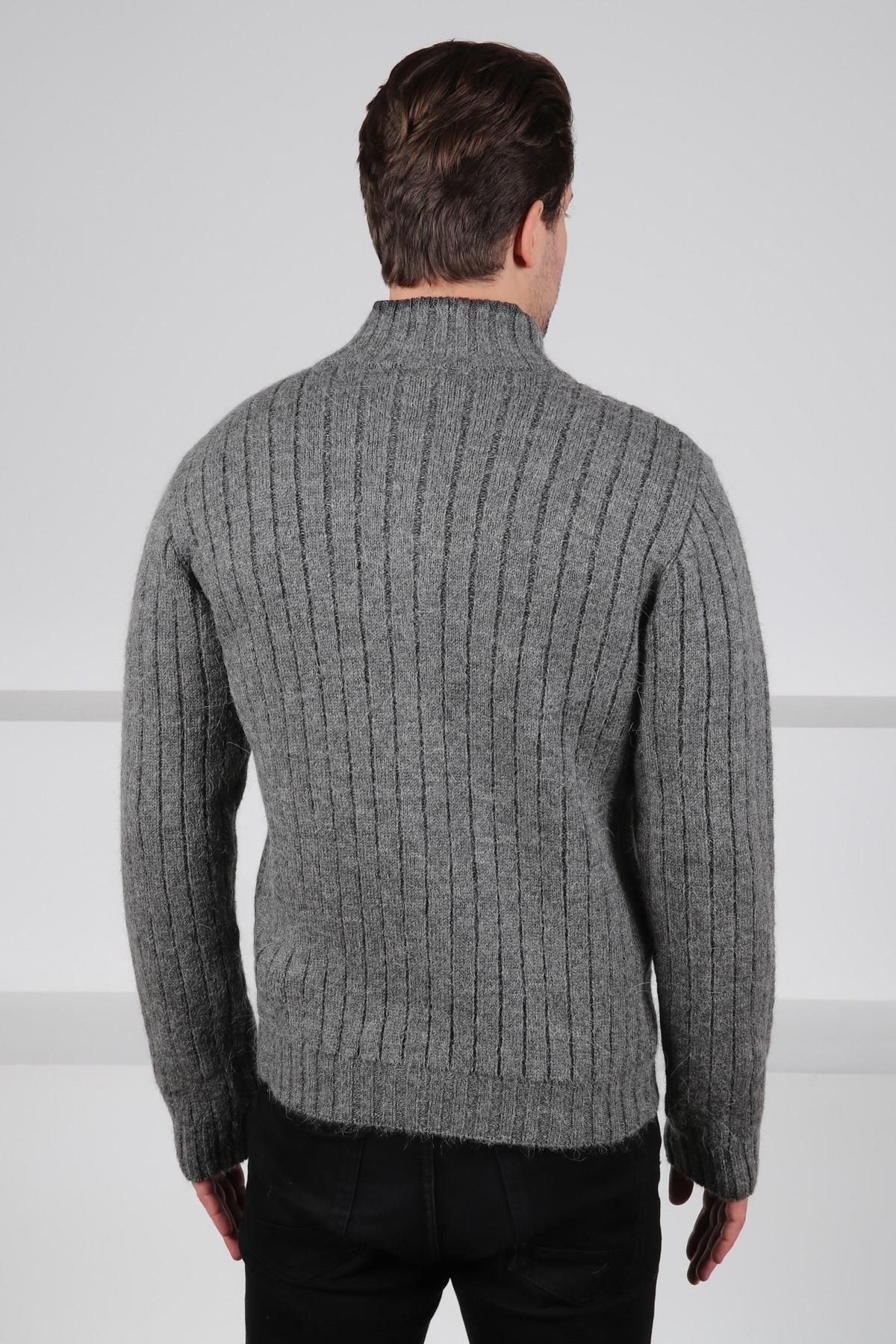 Ferraro Antrasit Fermuarlı Dik Yaka Cepli Alpaka ve Yünlü Erkek Triko Hırka