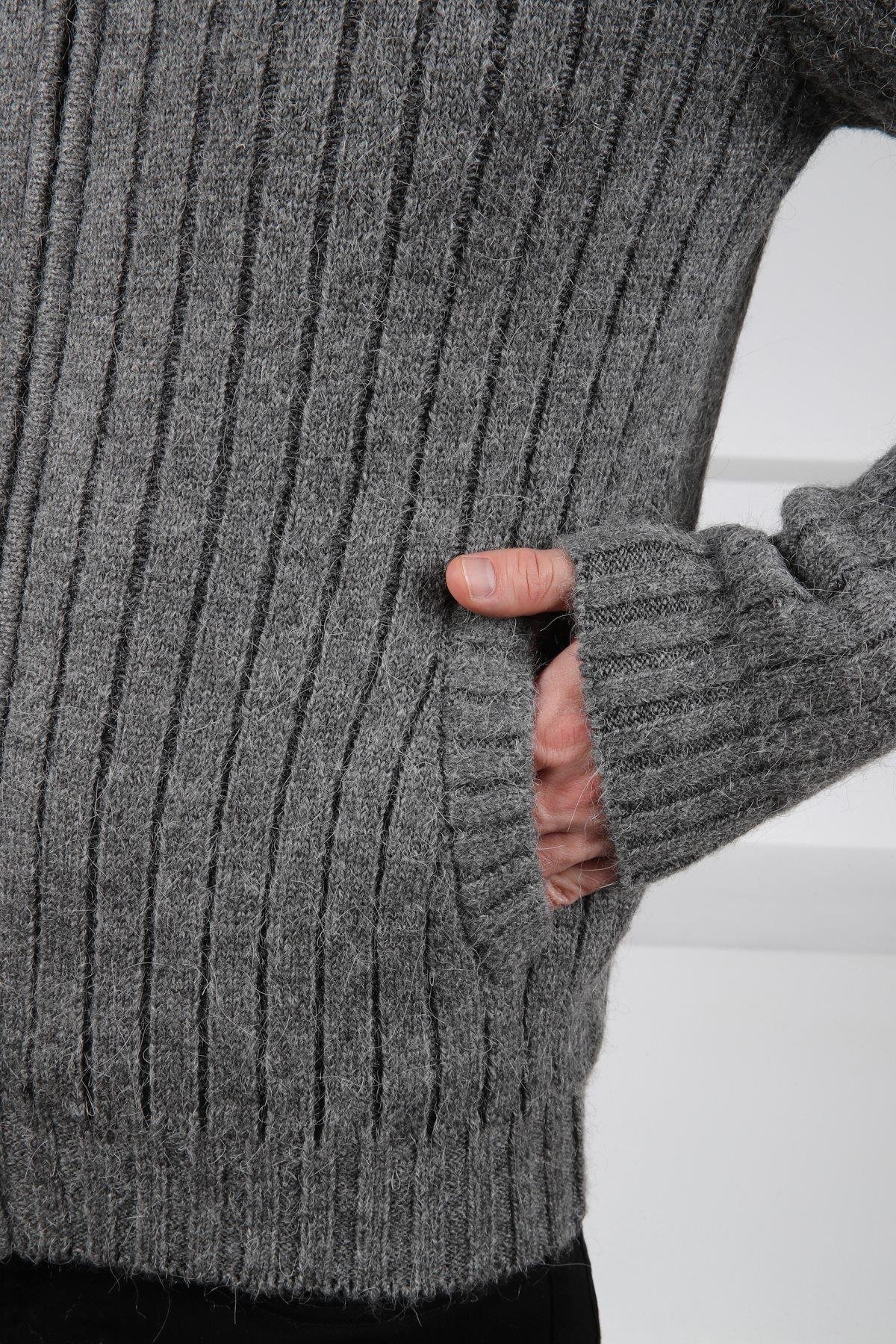 Ferraro Antrasit Fermuarlı Dik Yaka Cepli Alpaka ve Yünlü Erkek Triko Hırka