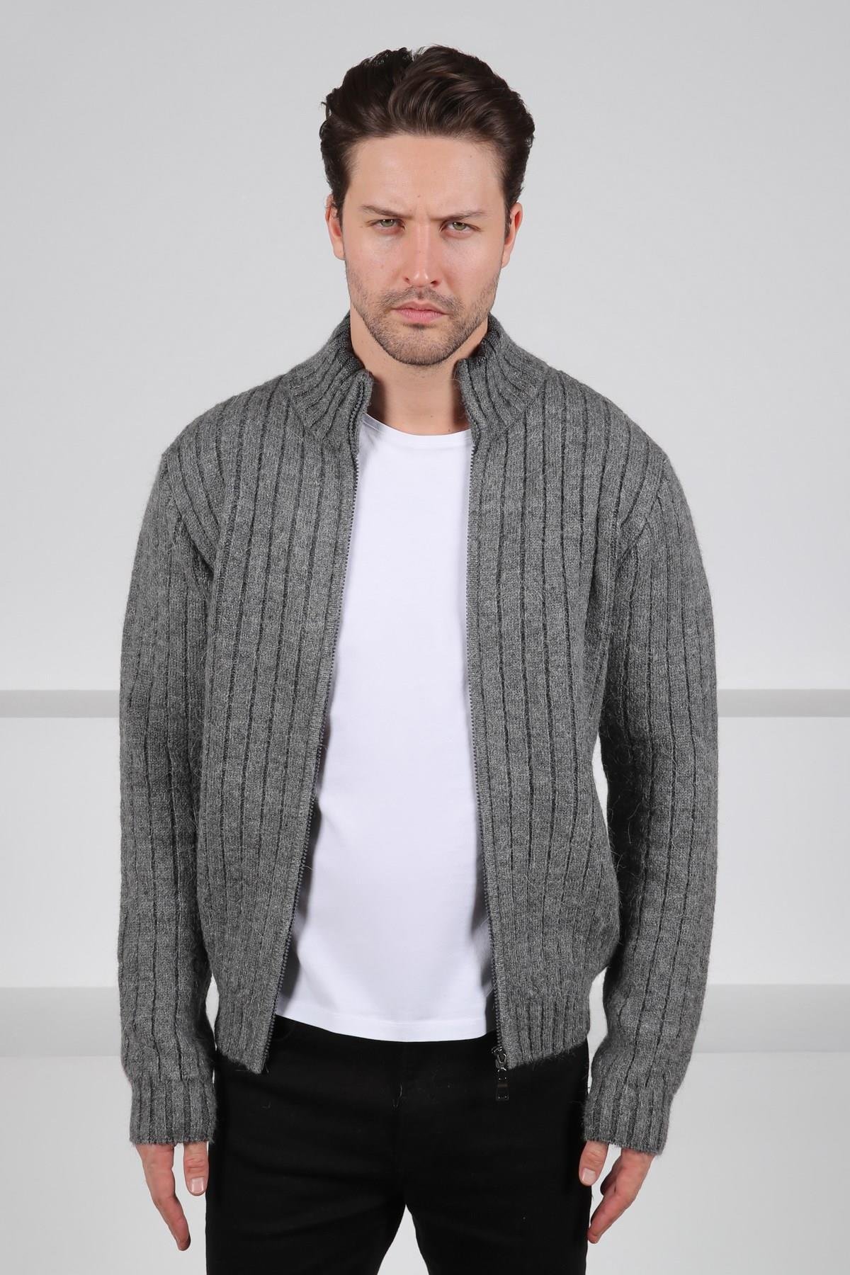 Ferraro Antrasit Fermuarlı Dik Yaka Cepli Alpaka ve Yünlü Erkek Triko Hırka