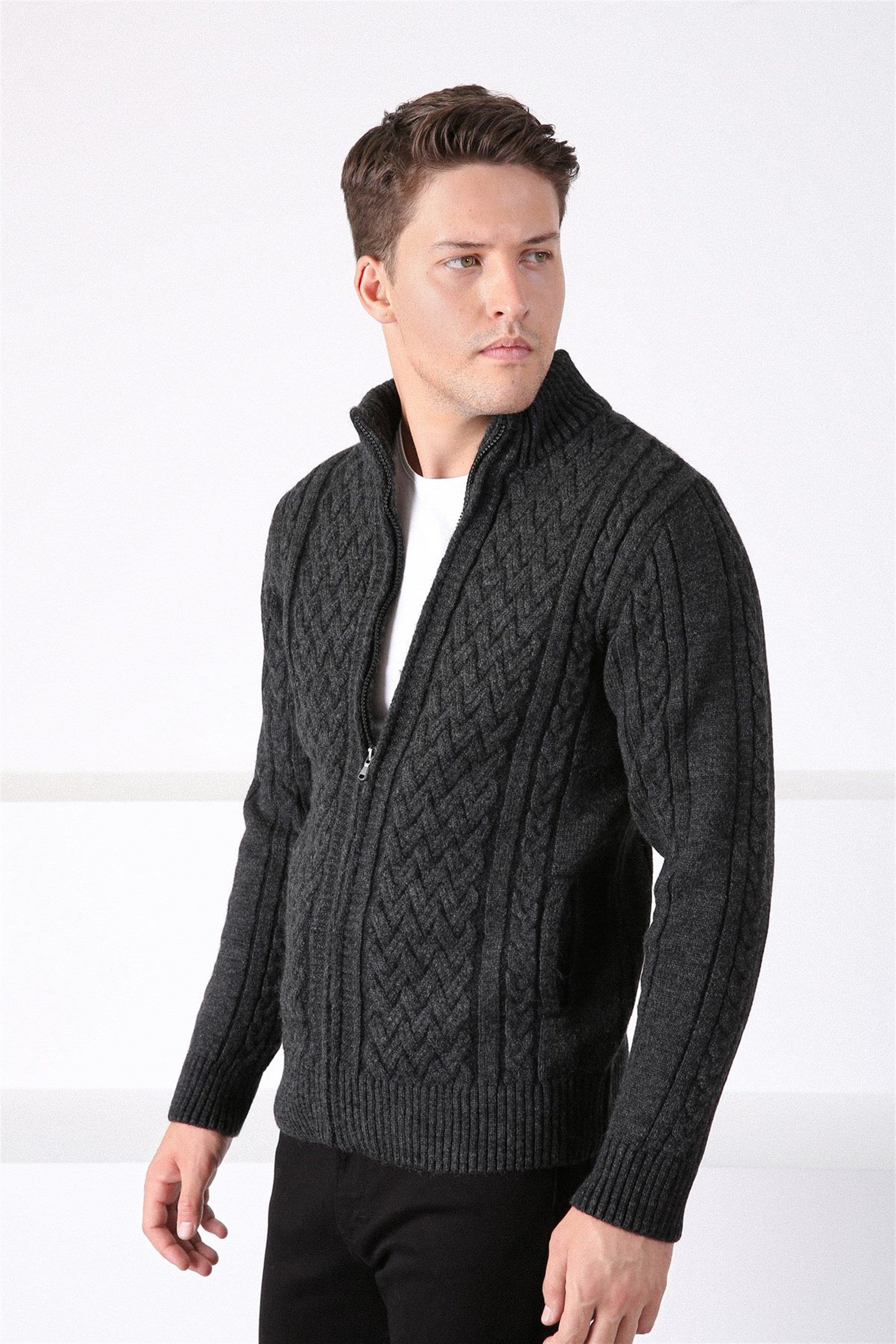 Ferraro Antrasit Fermuarlı Kalın Yün Erkek Triko Hırka