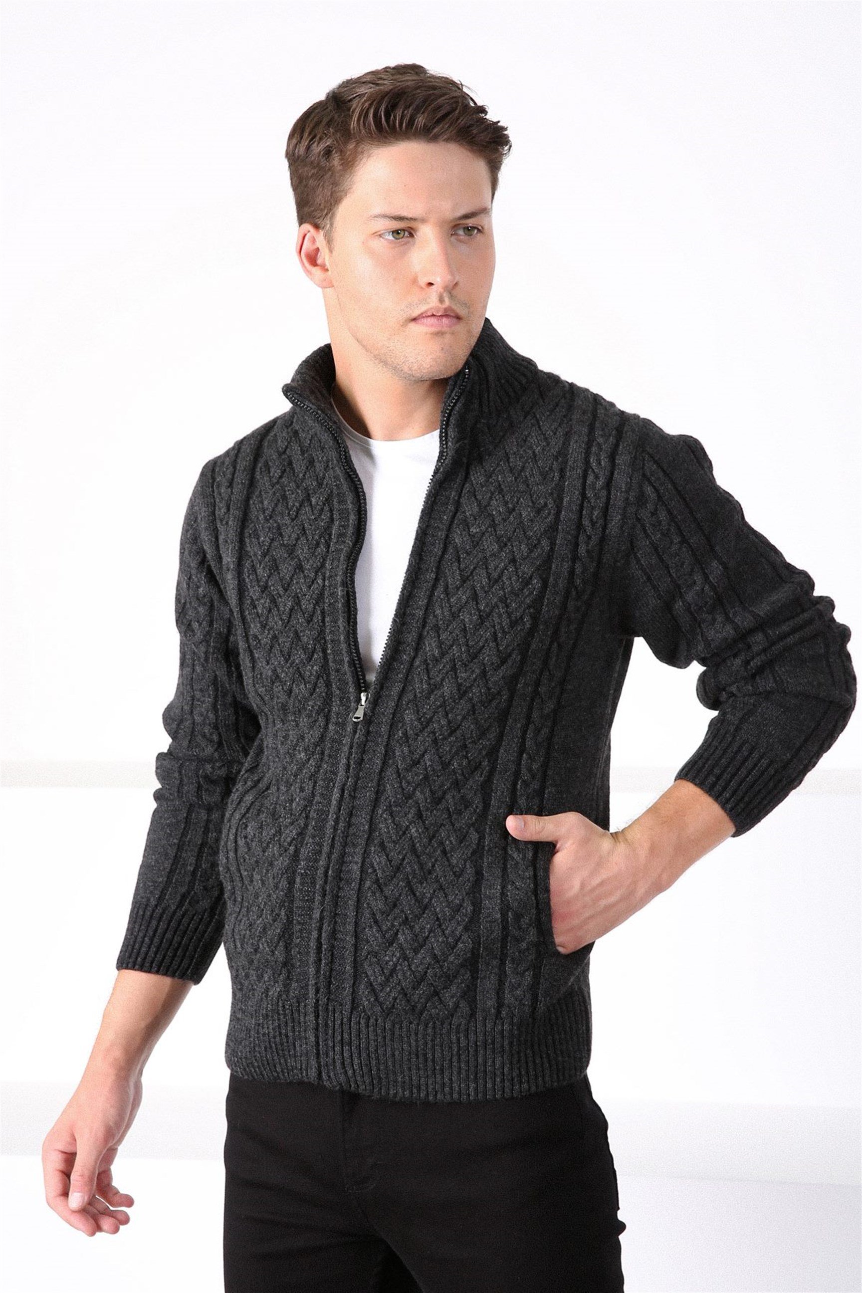 Ferraro Antrasit Fermuarlı Kalın Yün Erkek Triko Hırka