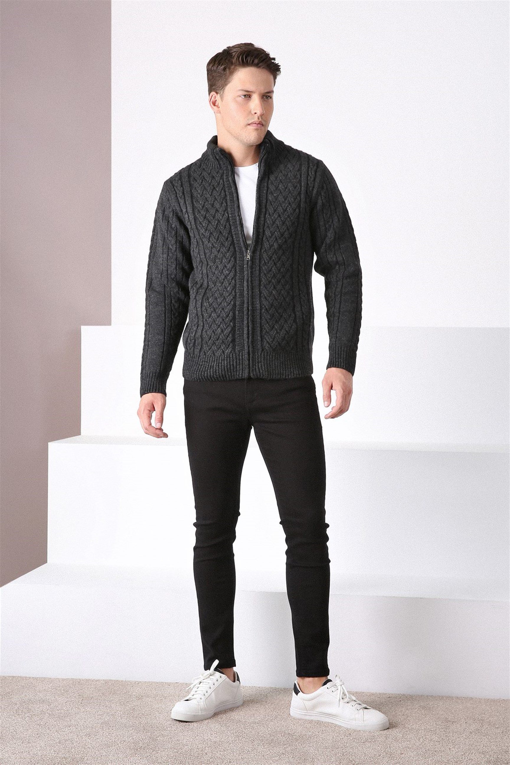 Ferraro Antrasit Fermuarlı Kalın Yün Erkek Triko Hırka