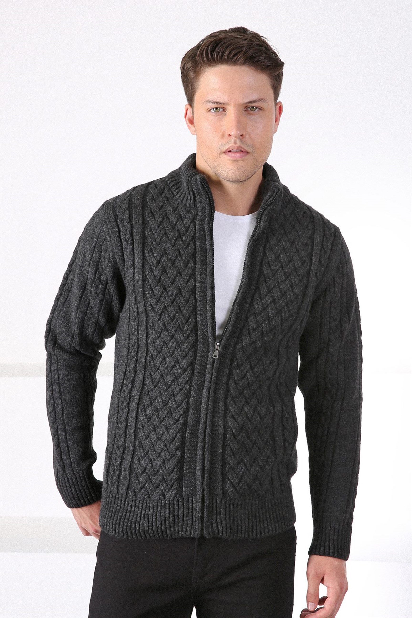 Ferraro Antrasit Fermuarlı Kalın Yün Erkek Triko Hırka