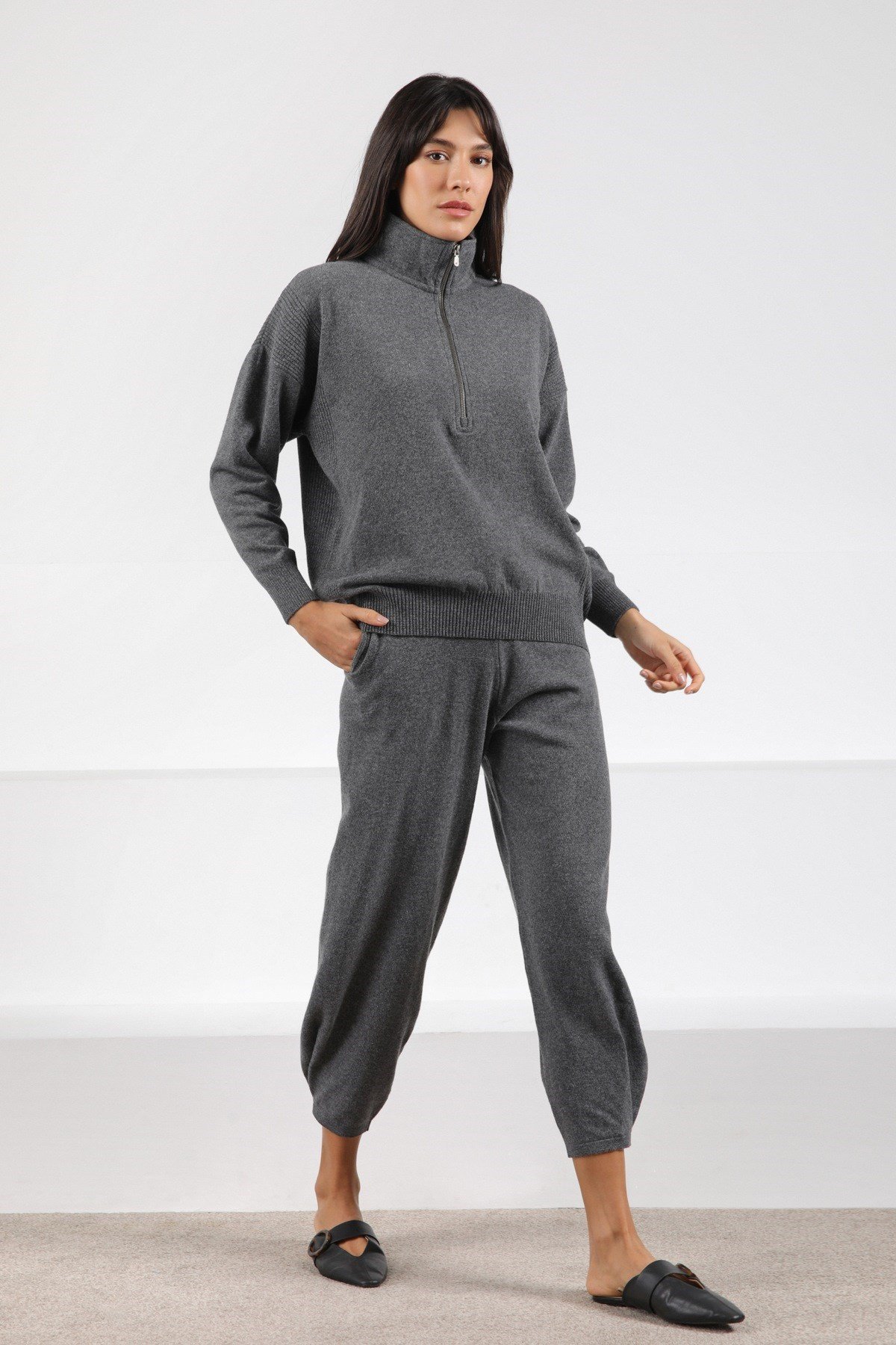 Ferraro Antrasit Fermuarlı Kaşmirli Kadın Triko Kazak