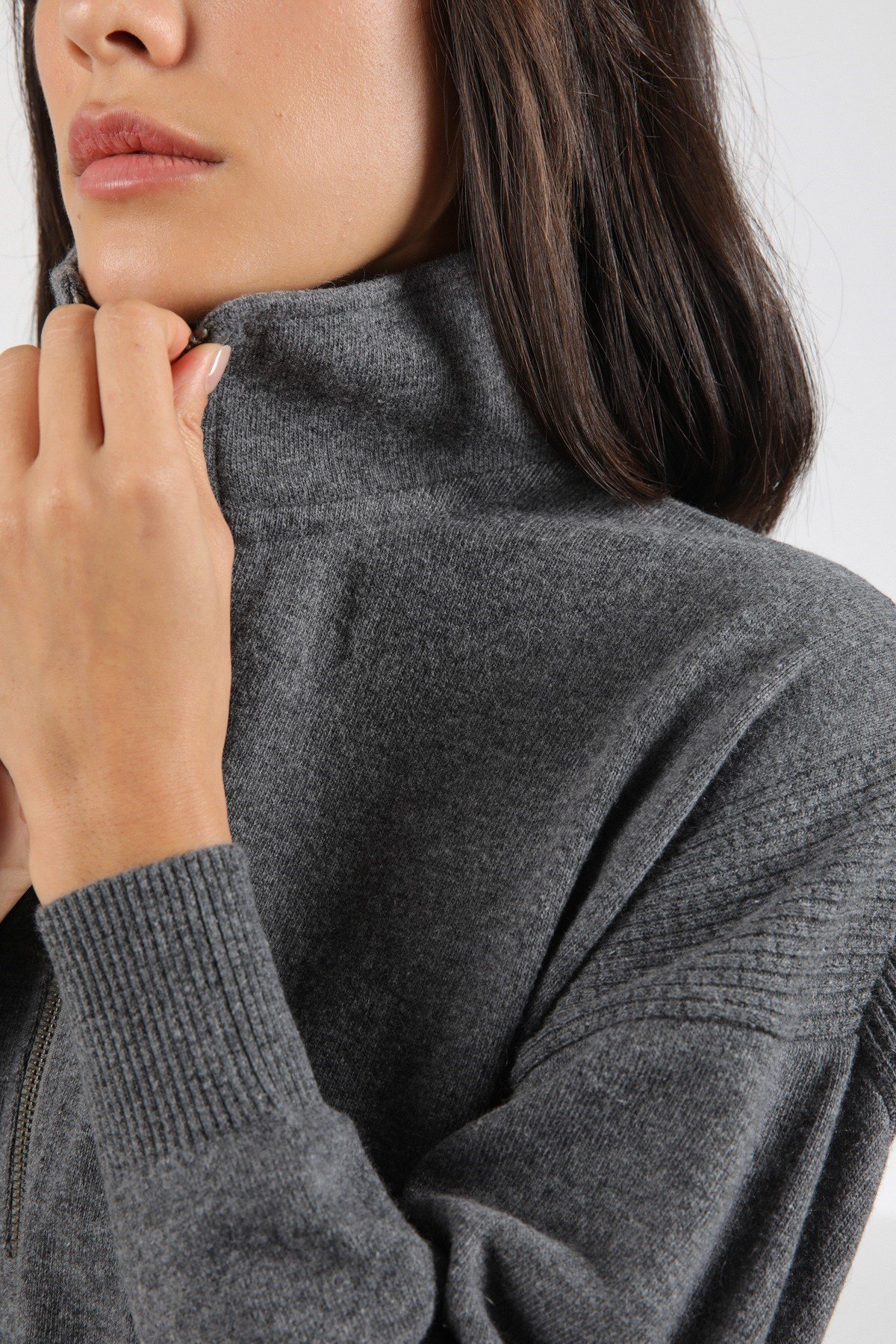 Ferraro Antrasit Fermuarlı Kaşmirli Kadın Triko Kazak