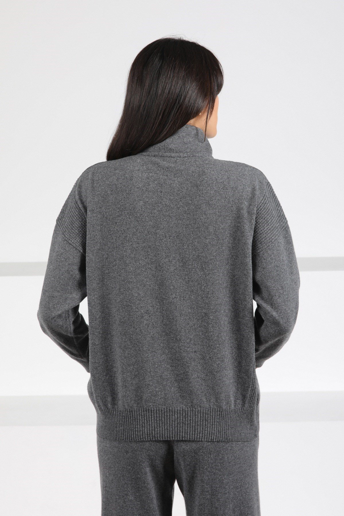 Ferraro Antrasit Fermuarlı Kaşmirli Kadın Triko Kazak