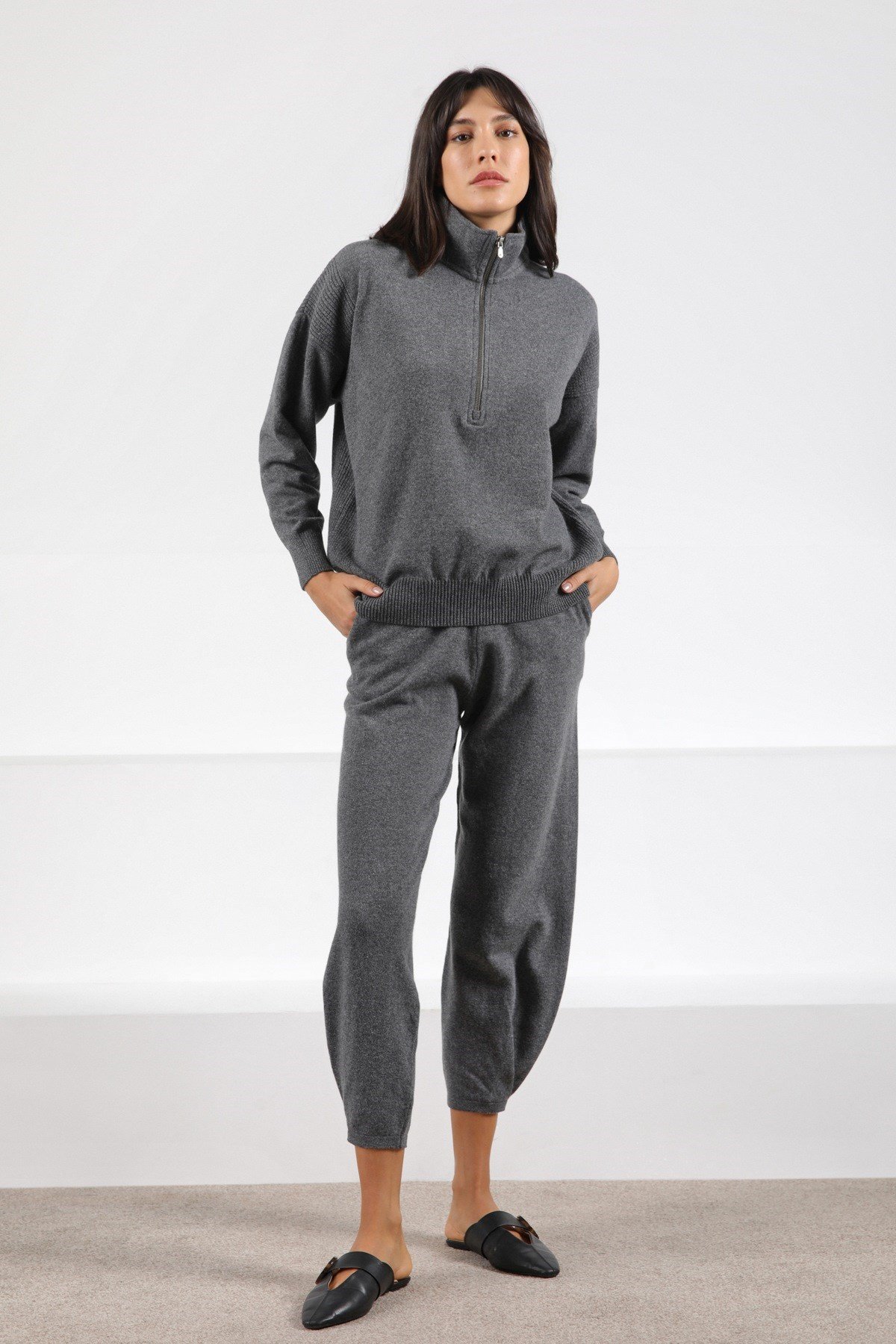 Ferraro Antrasit Fermuarlı Kaşmirli Kadın Triko Kazak