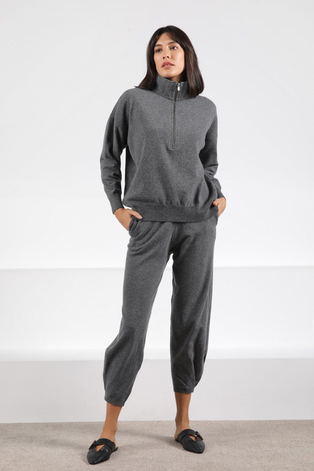 Ferraro Antrasit Fermuarlı Kaşmirli Kadın Triko Kazak