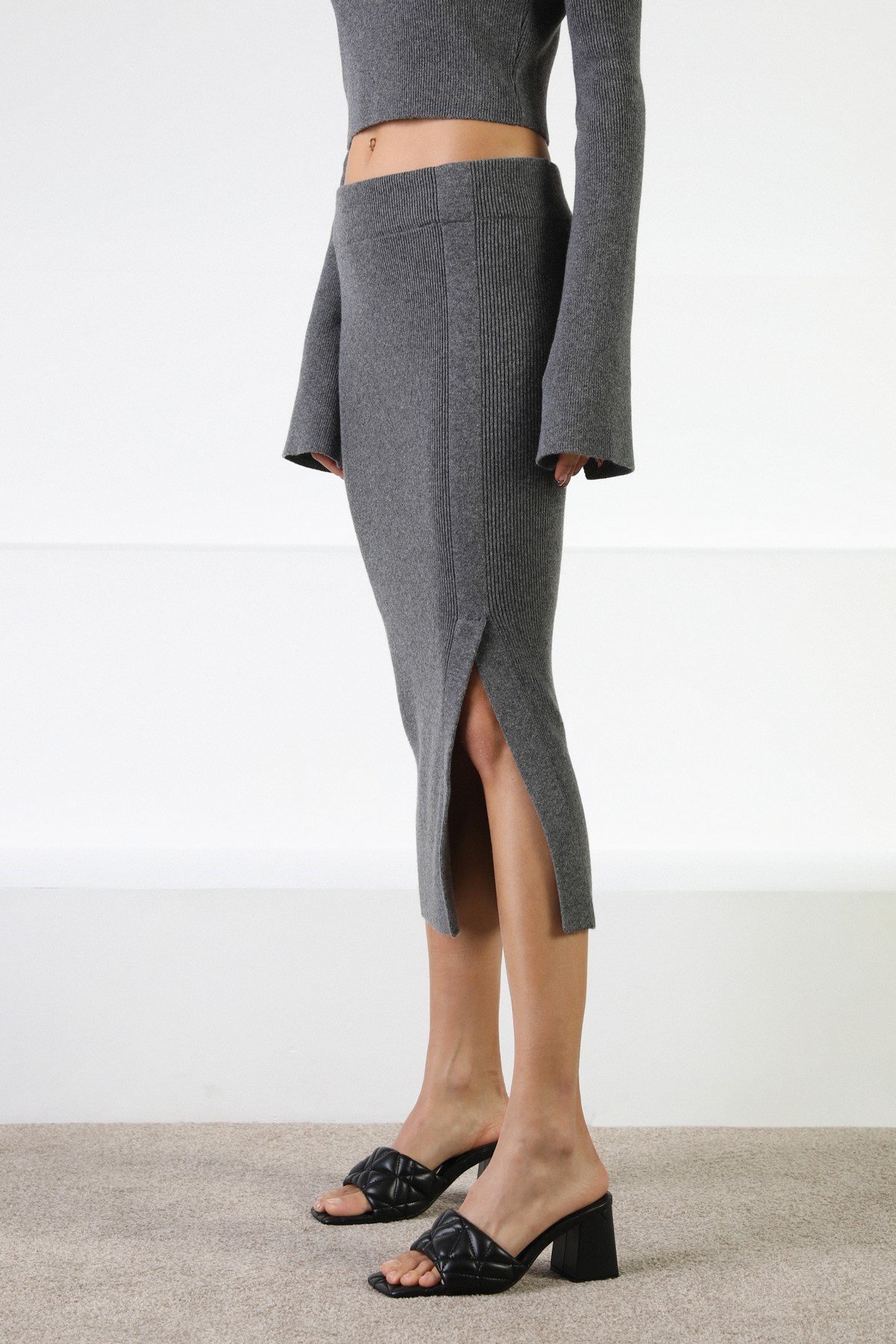 Ferraro Antrasit Fitilli Kaşmirli Kadın Triko Etek