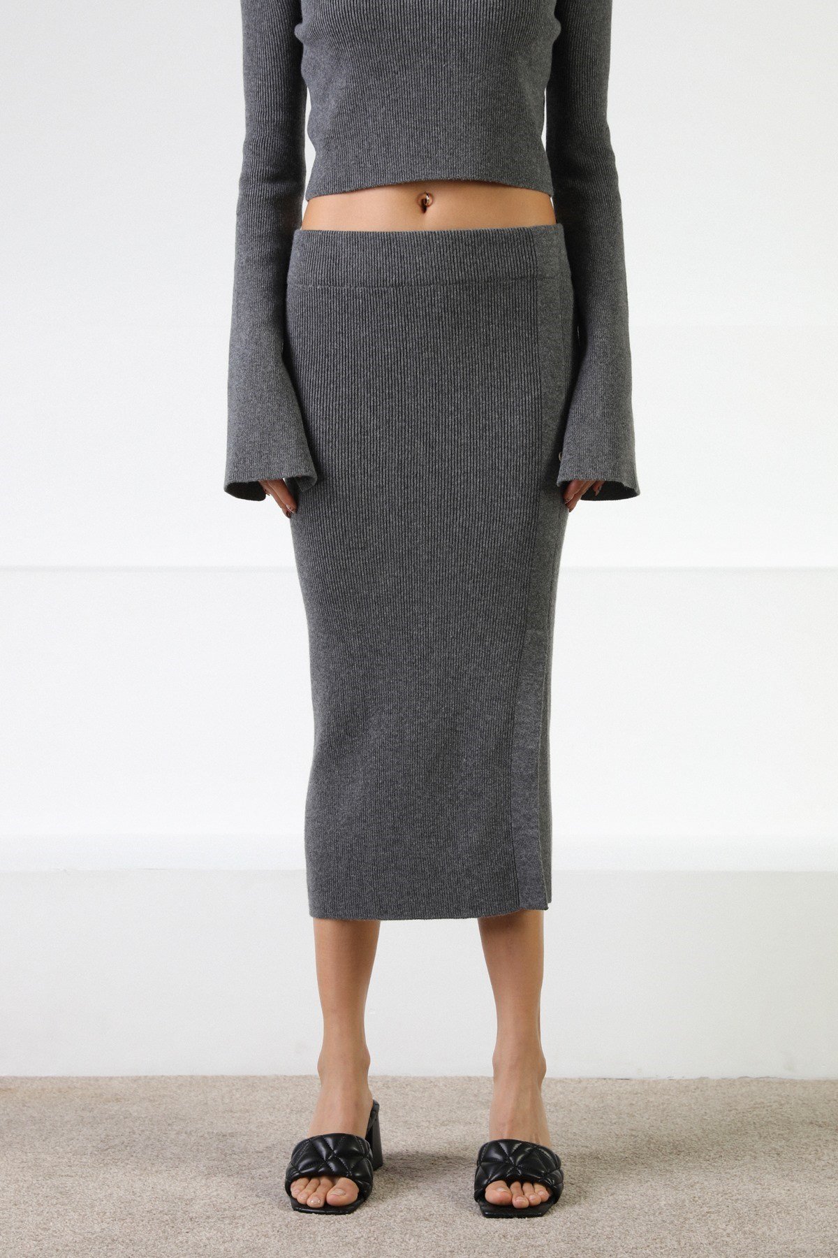 Ferraro Antrasit Fitilli Kaşmirli Kadın Triko Etek