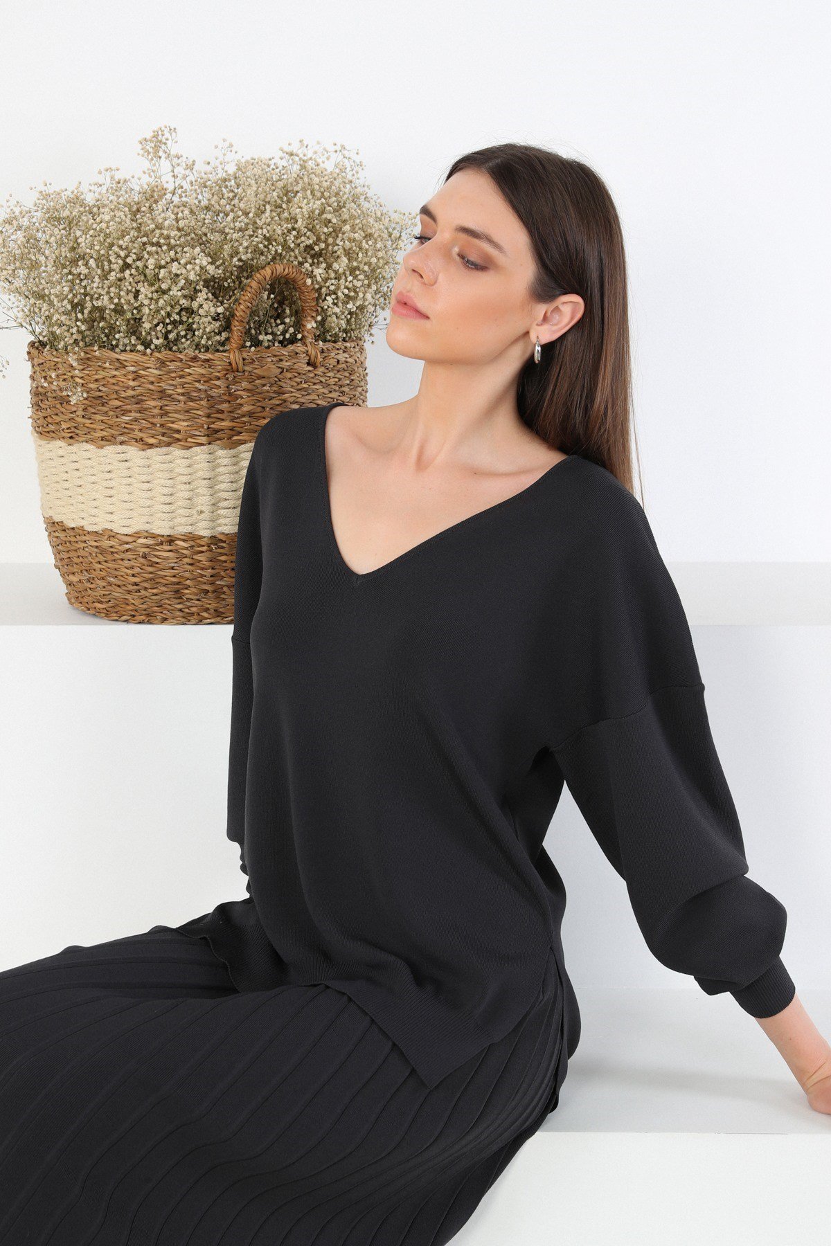 Ferraro Antrasit Midi Boy Pileli Kadın Triko Etek