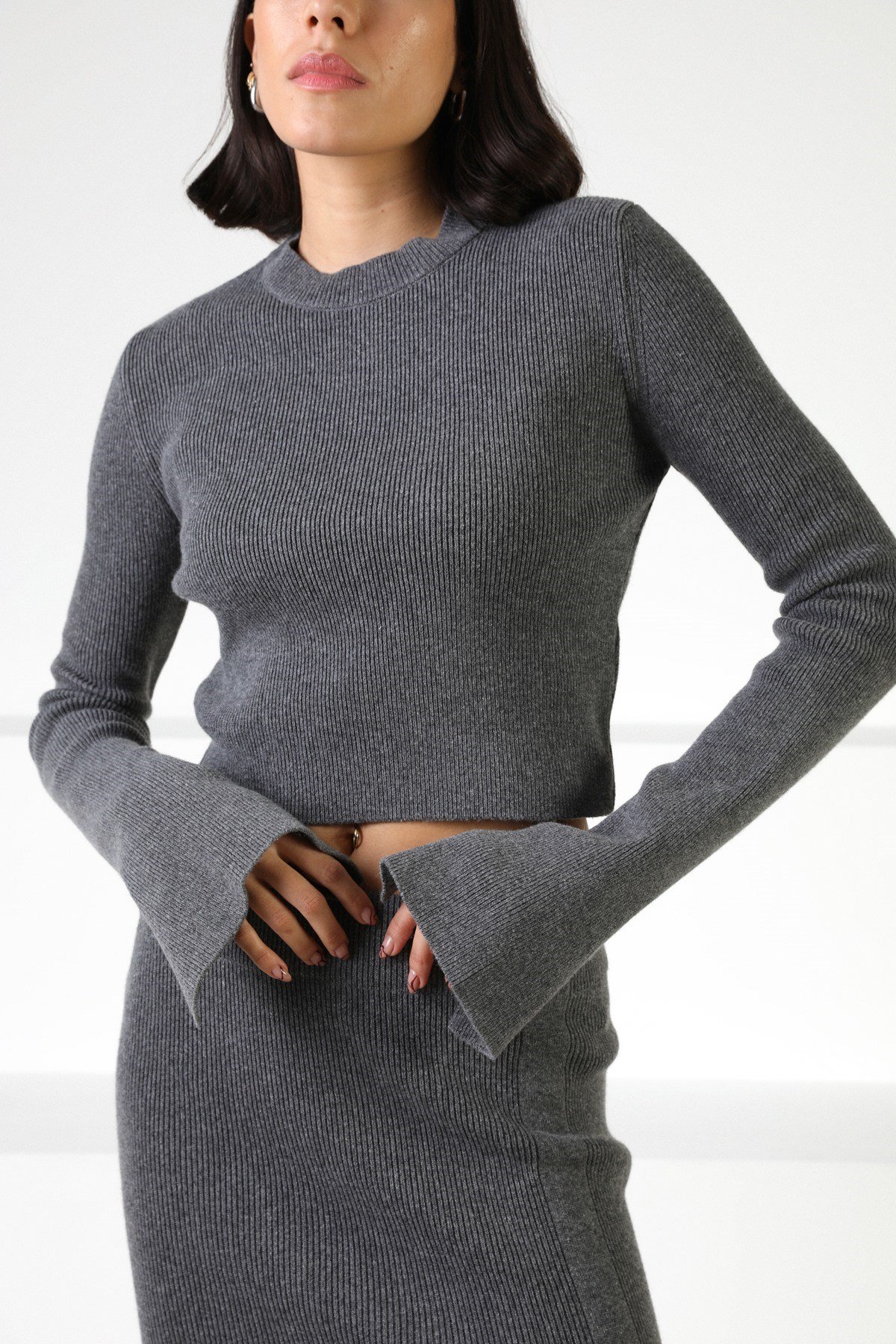 Ferraro Antrasit Uzun Kollu Bisiklet Yaka Kaşmirli Kadın Triko Kazak