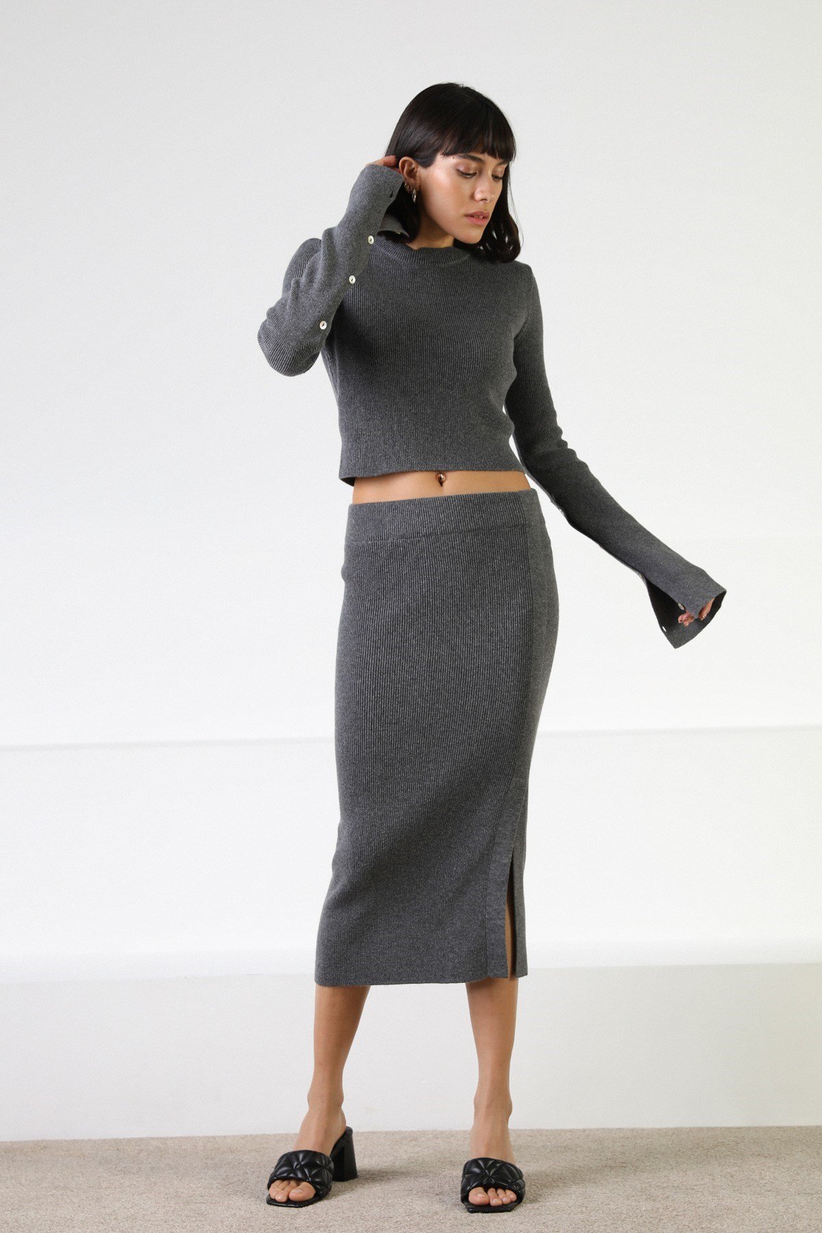 Ferraro Antrasit Uzun Kollu Bisiklet Yaka Kaşmirli Kadın Triko Kazak