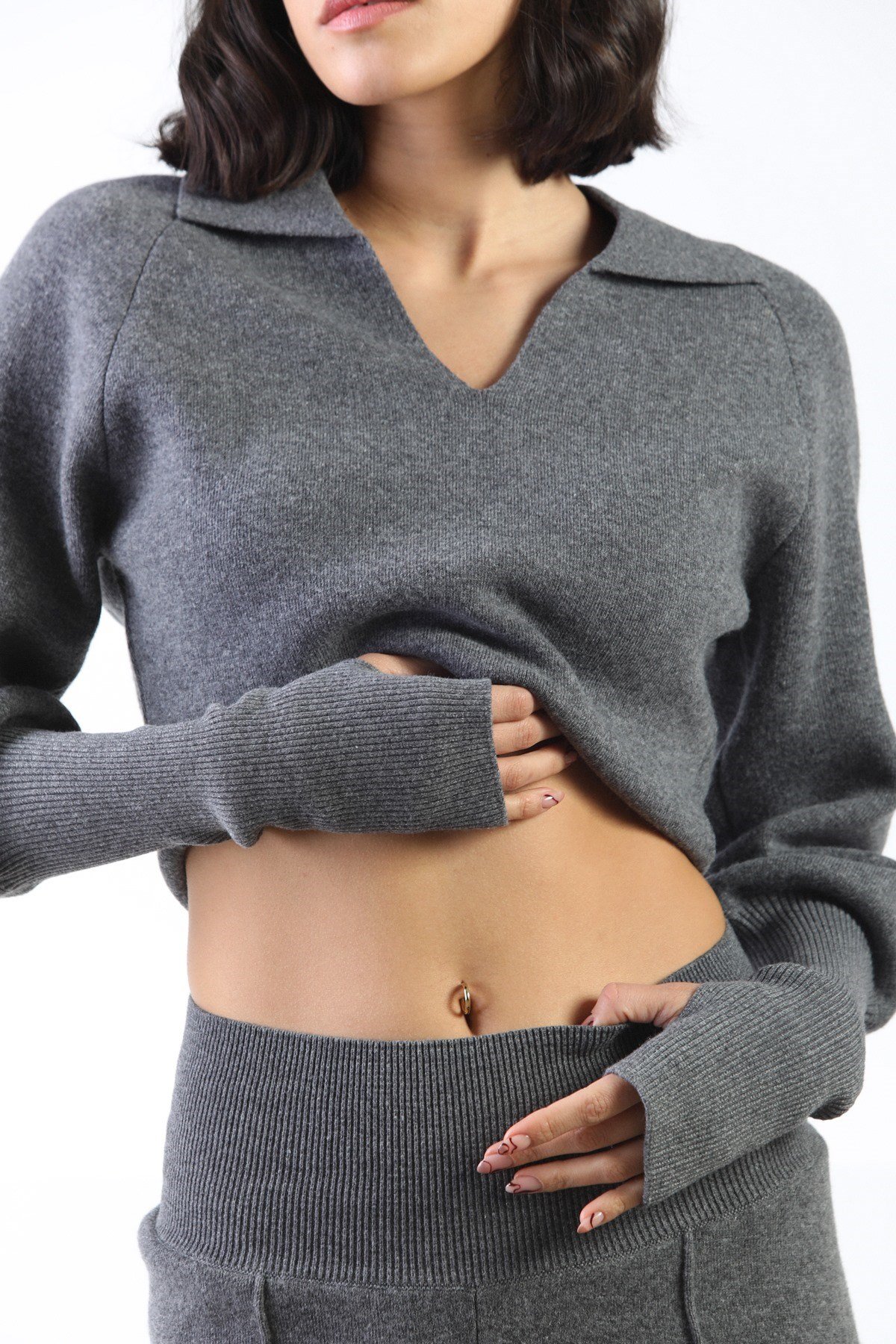 Ferraro Antrasit Uzun Kollu Gömlek Yaka Kaşmirli Kadın Triko Kazak