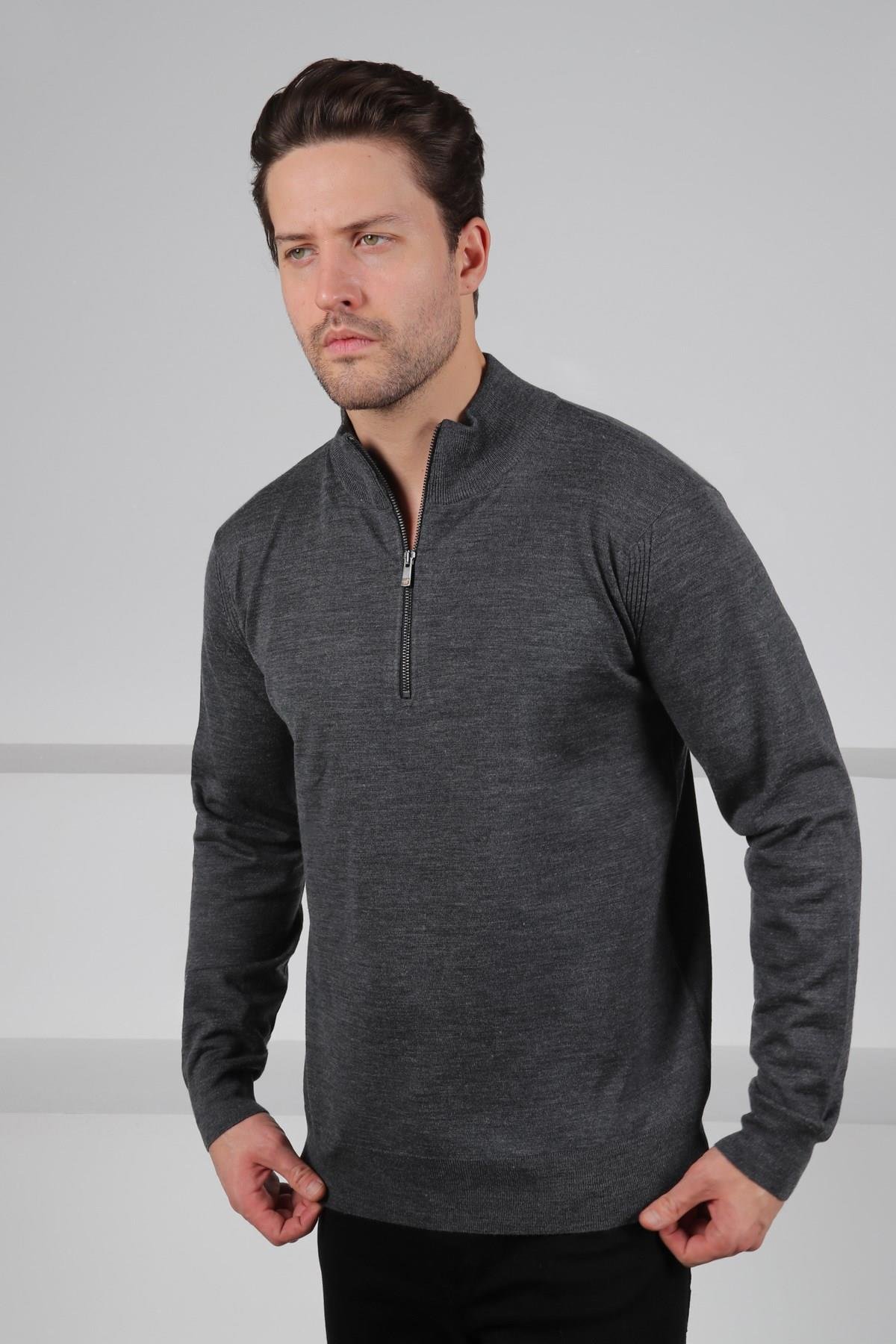 Ferraro Antrasit Yarım Fermuarlı Dik Yaka Uzun Kollu Süperfine Erkek Triko Kazak