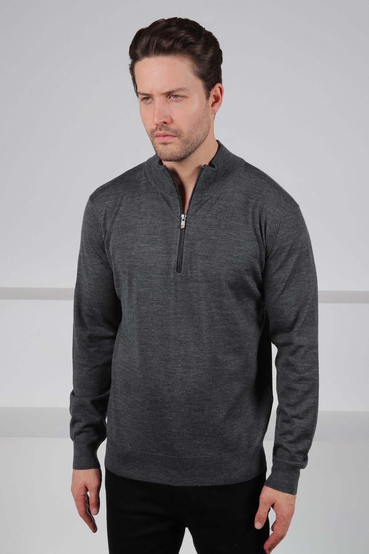 Ferraro Antrasit Yarım Fermuarlı Dik Yaka Uzun Kollu Süperfine Erkek Triko Kazak