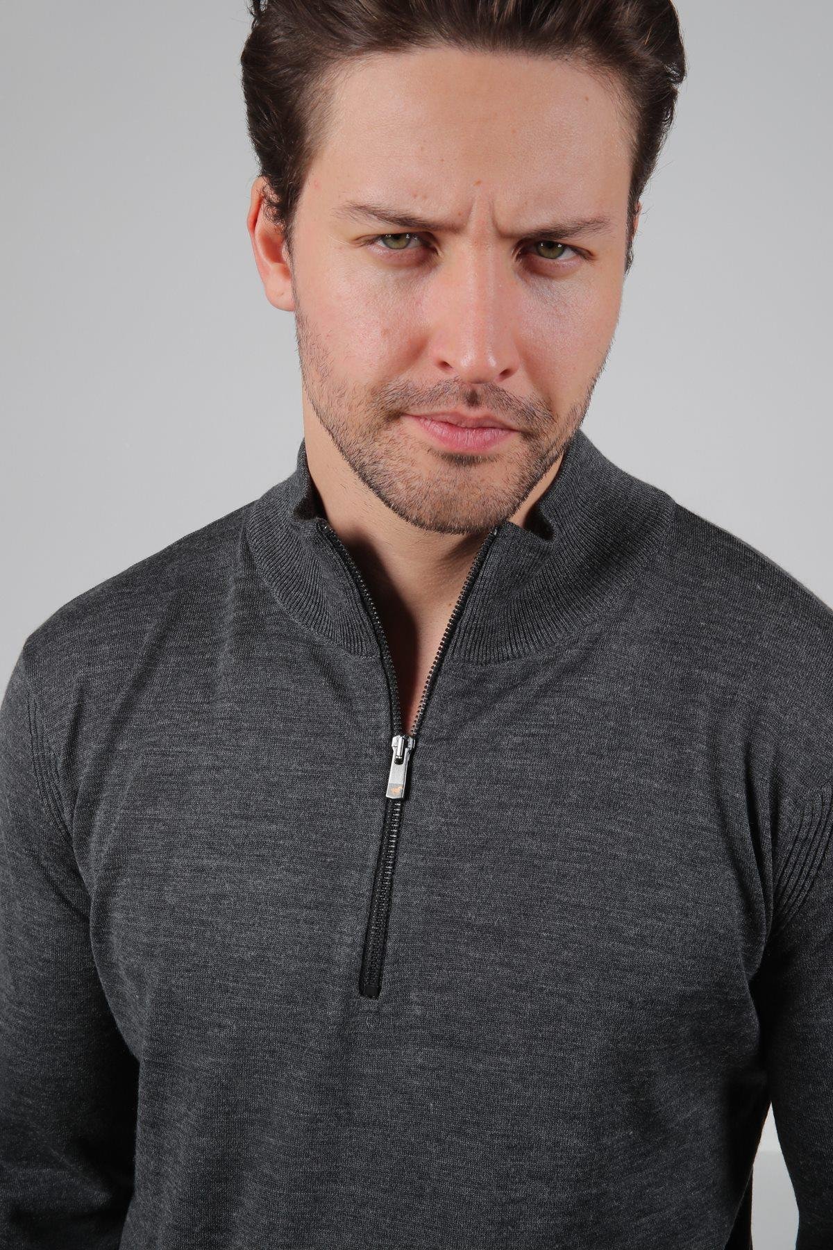 Ferraro Antrasit Yarım Fermuarlı Dik Yaka Uzun Kollu Süperfine Erkek Triko Kazak