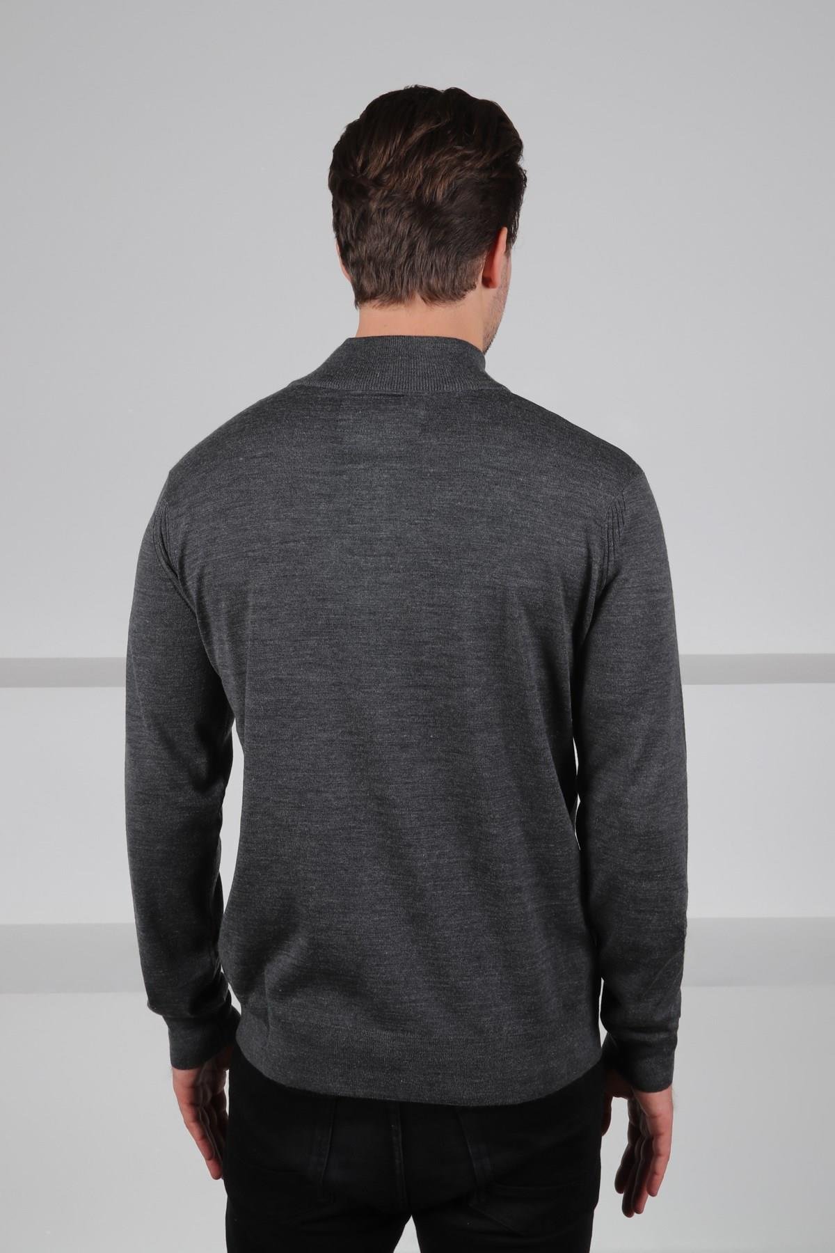 Ferraro Antrasit Yarım Fermuarlı Dik Yaka Uzun Kollu Süperfine Erkek Triko Kazak