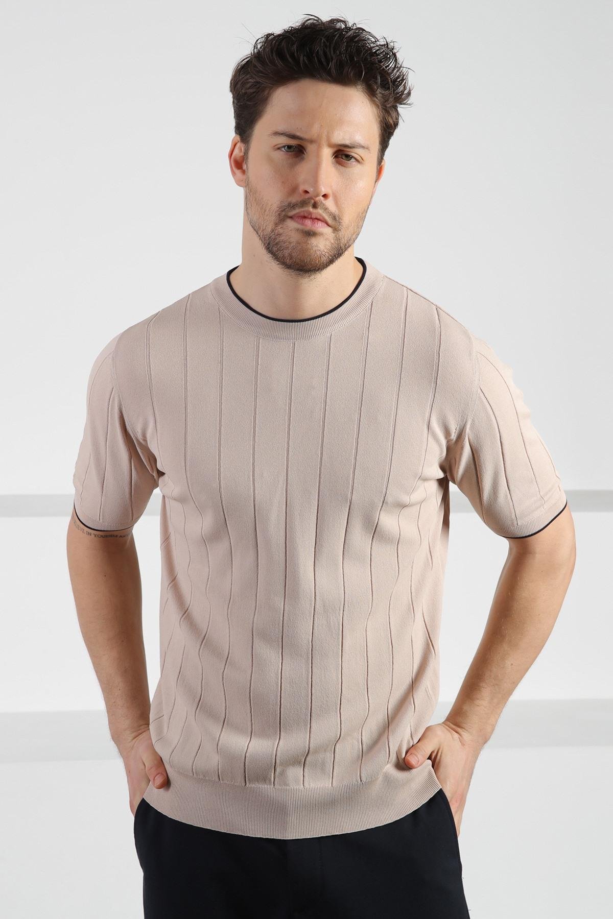 Ferraro Bej Bisiklet Yaka Erkek Rayon Triko T-Shirt