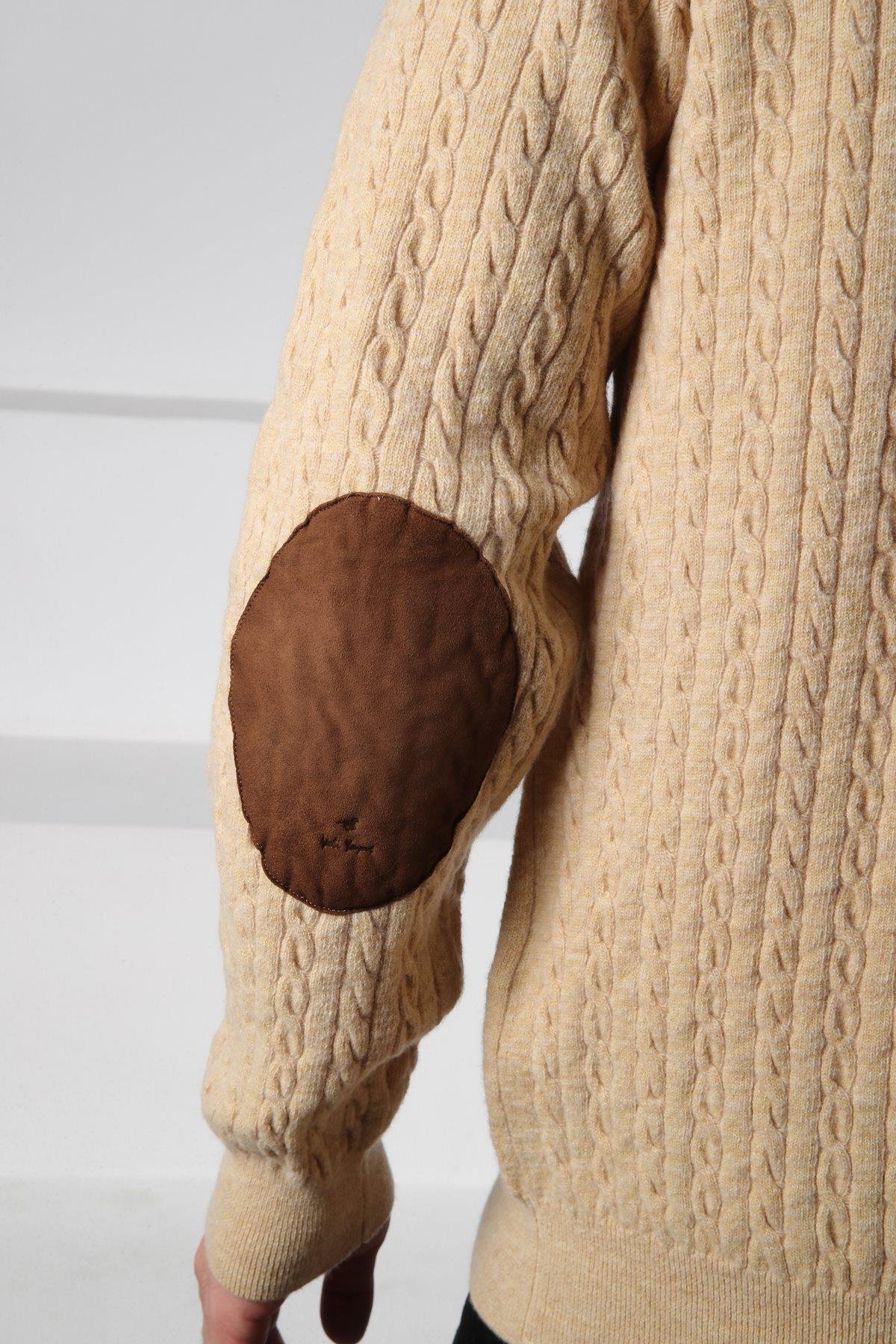 Ferraro Bej Bisiklet Yaka Kabartmalı Saç Örgü Desenli Uzun Kollu %100 Kuzu Yünü Erkek Triko Kazak