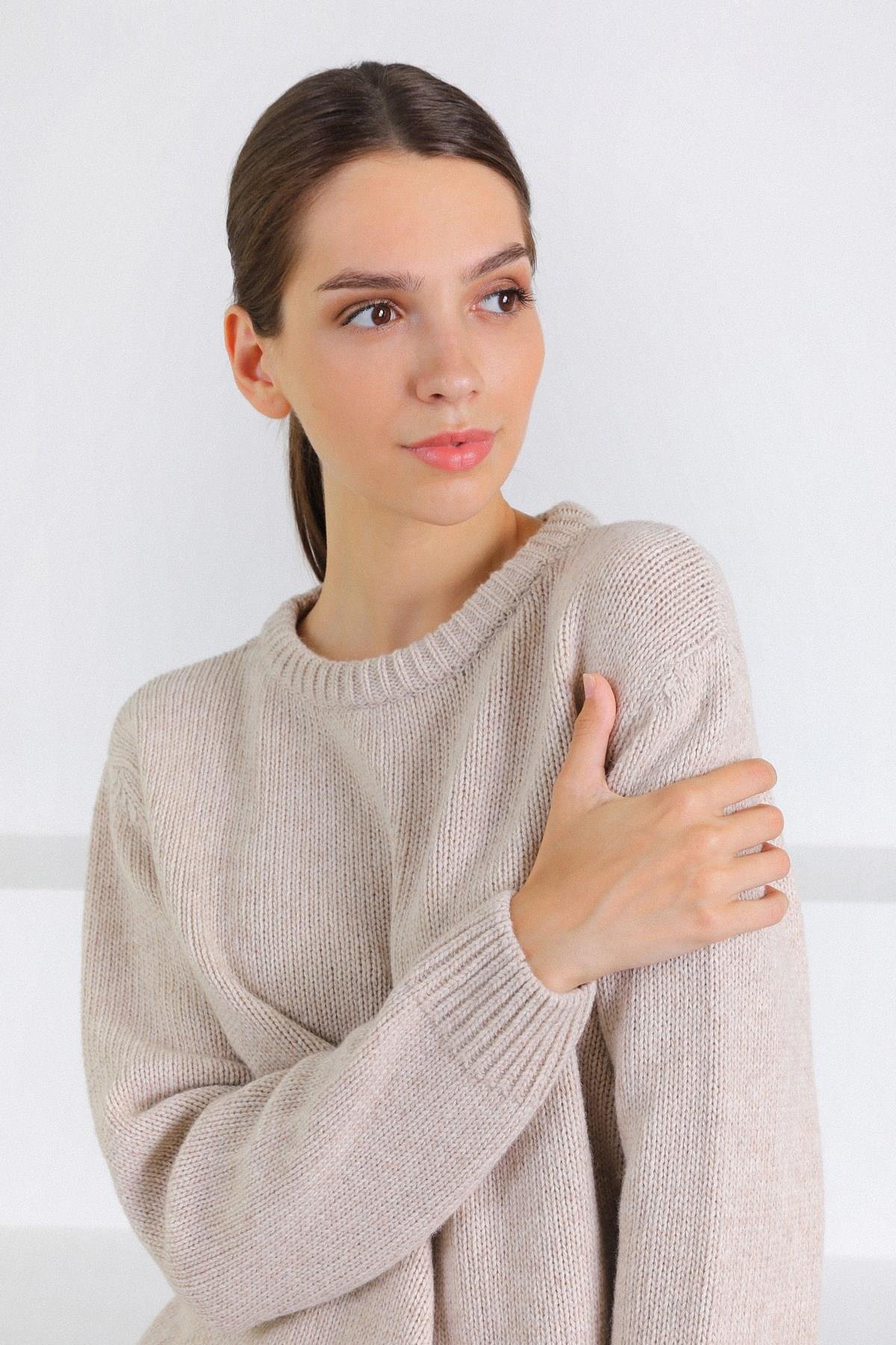 Ferraro Bej Bisiklet Yaka Yünlü Basic Kadın Triko Kazak