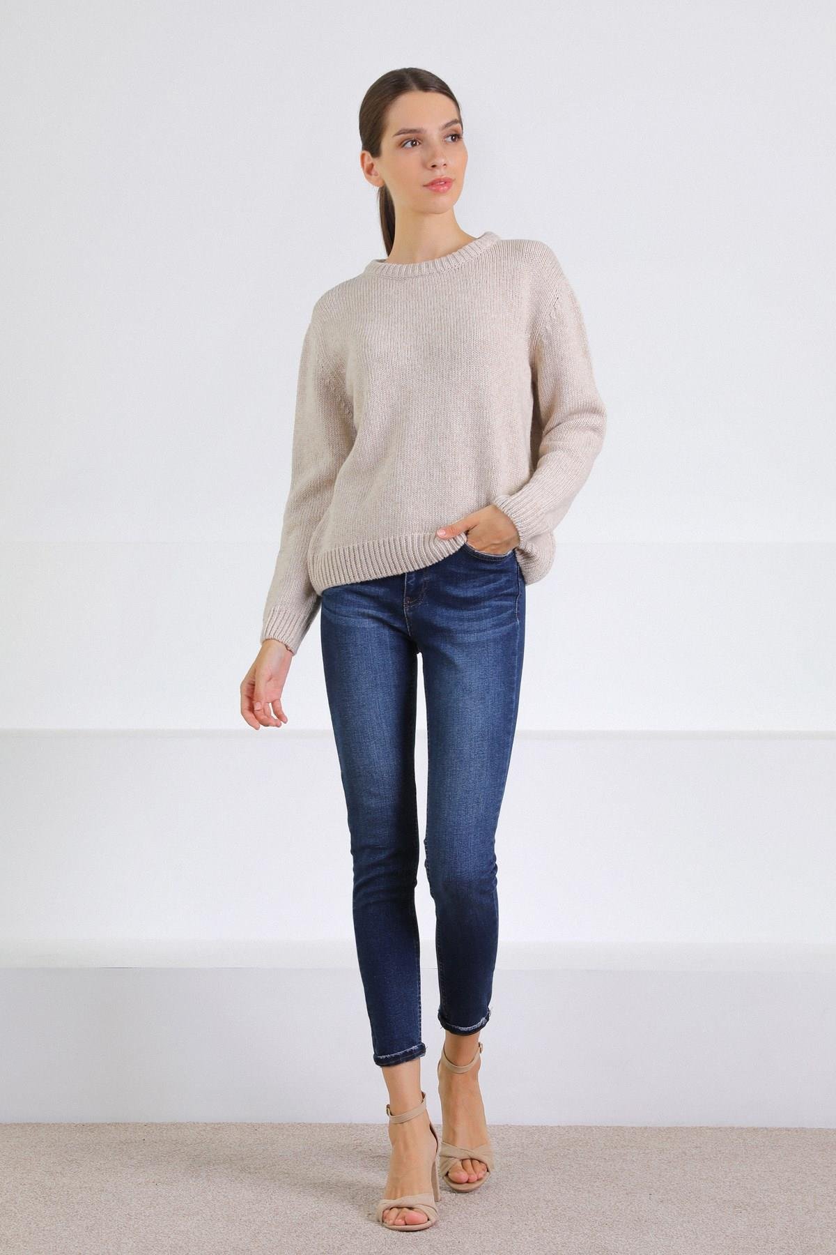 Ferraro Bej Bisiklet Yaka Yünlü Basic Kadın Triko Kazak