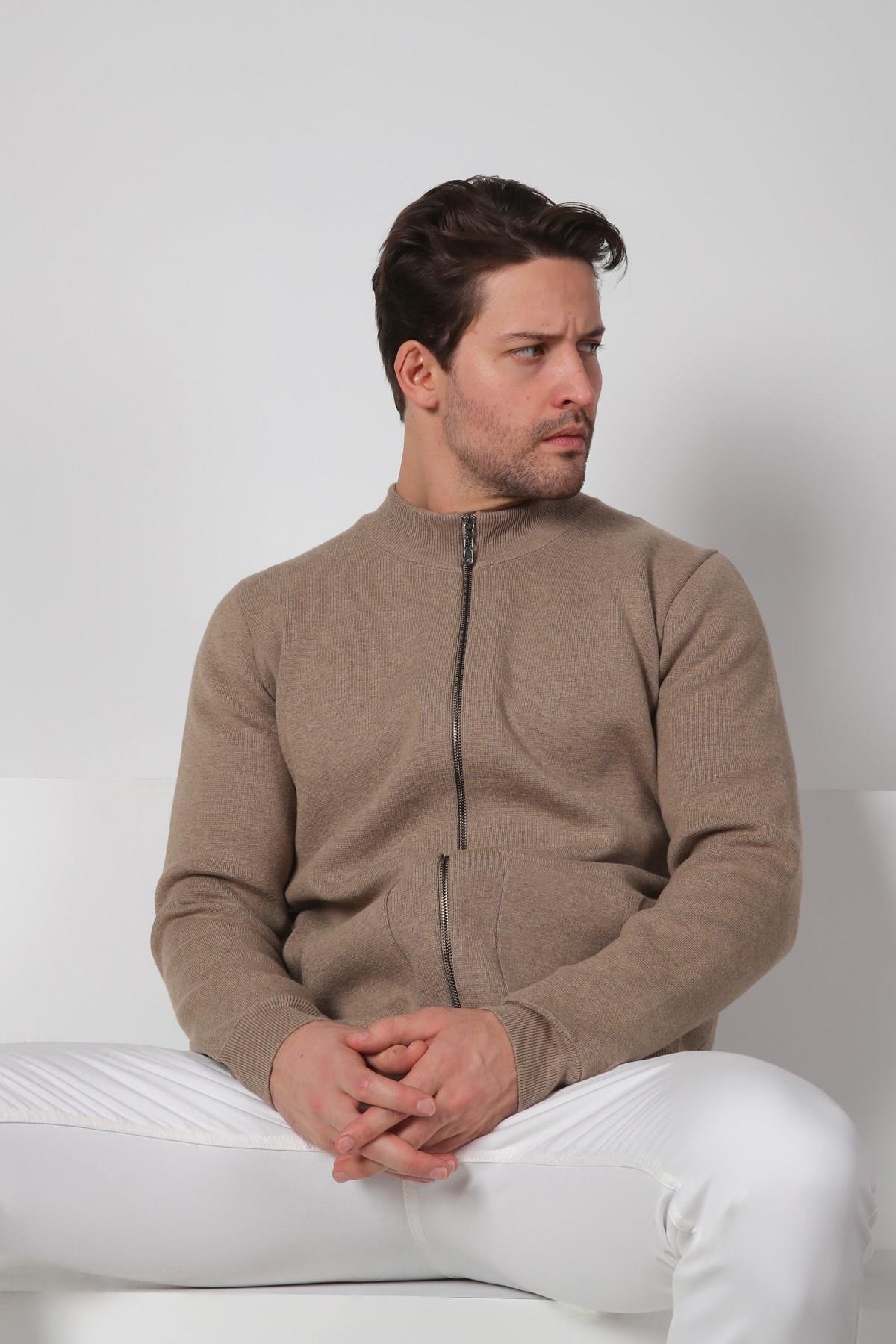 Ferraro Bej Çift Cep %100 Pamuk Erkek Triko Hırka