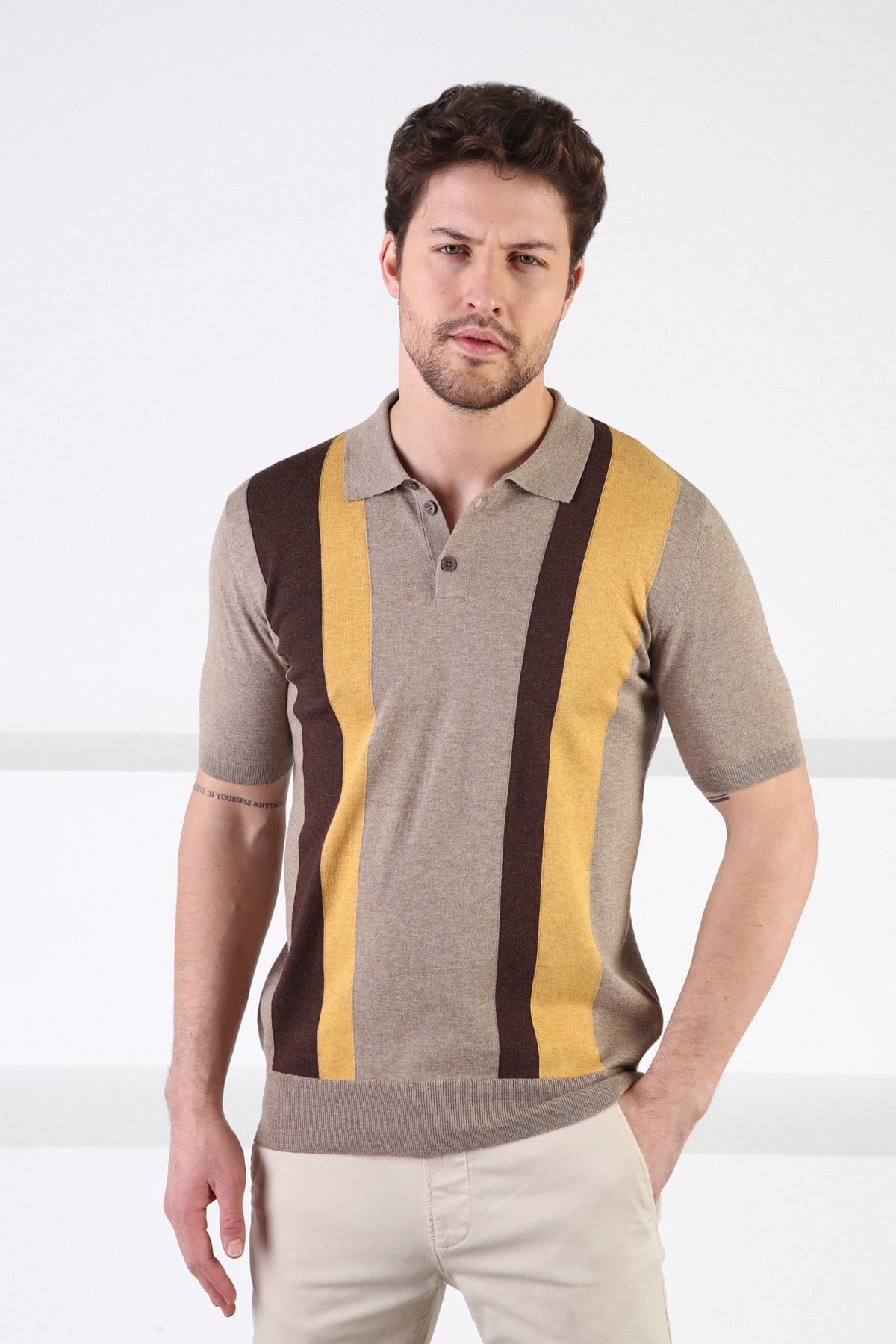 Ferraro Bej Düğmeli Polo Yaka %100 Pamuk Erkek Triko T-Shirt