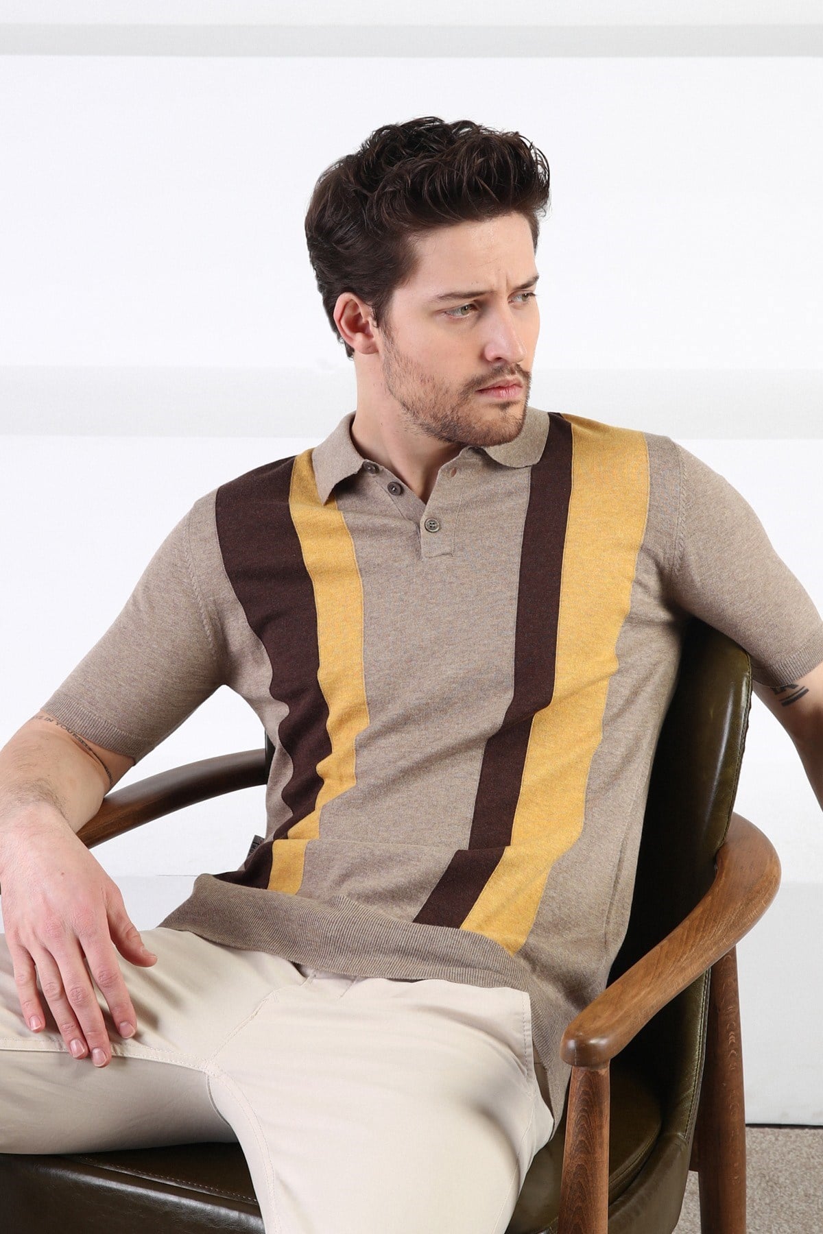 Ferraro Bej Düğmeli Polo Yaka %100 Pamuk Erkek Triko T-Shirt