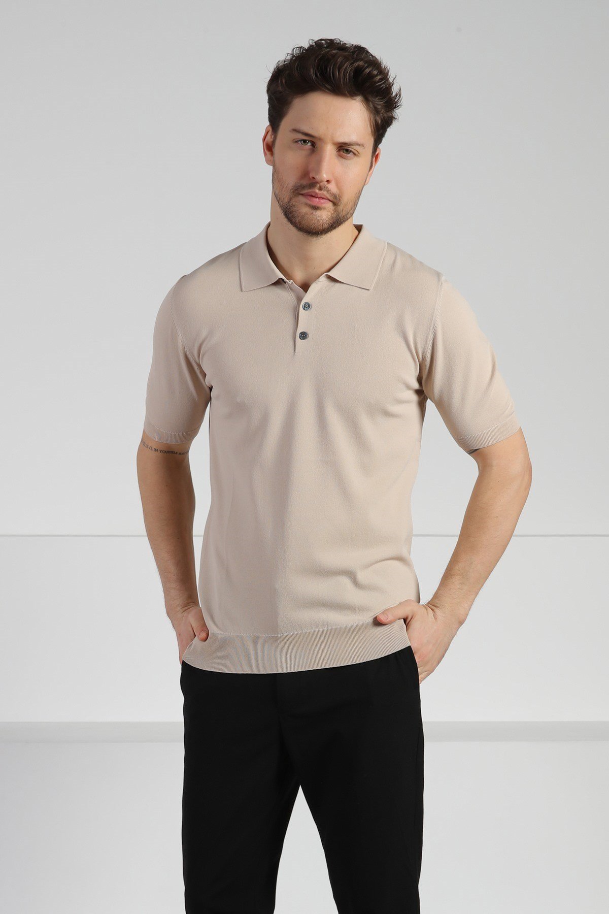 Ferraro Bej Düğmeli Polo Yaka Viskon Erkek Triko T-Shirt