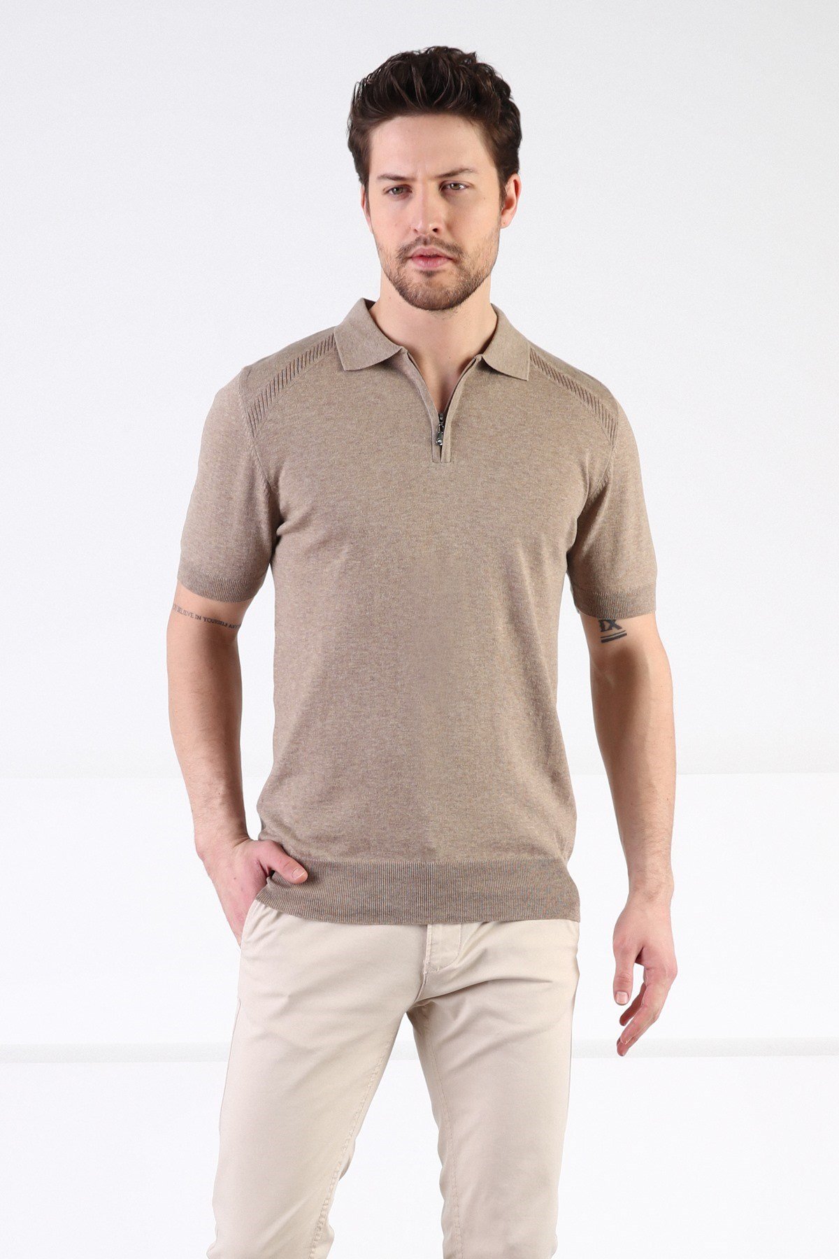 Ferraro Bej Fermuarlı Polo Yaka %100 Pamuk Erkek Triko T-Shirt