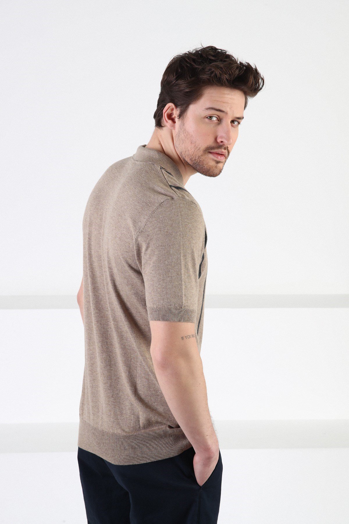 Ferraro Bej Fermuarlı Polo Yaka %100 Pamuk Erkek Triko T-Shirt