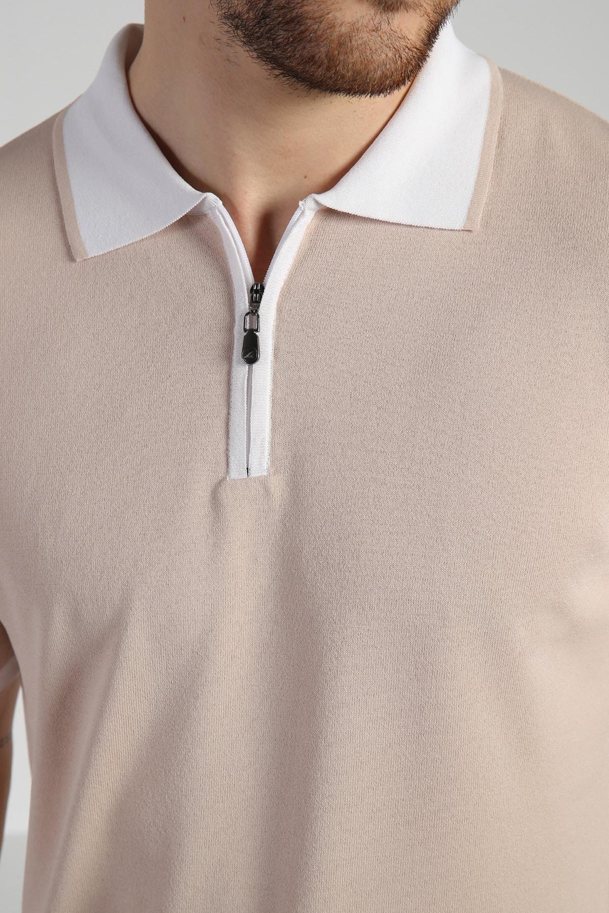 Ferraro Bej Fermuarlı Polo Yaka Erkek Rayon Triko T-Shirt