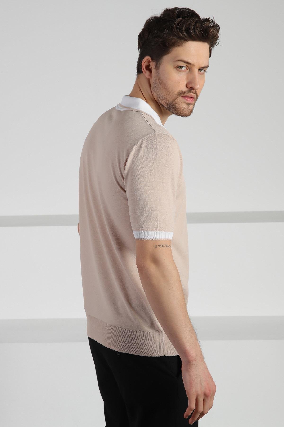 Ferraro Bej Fermuarlı Polo Yaka Erkek Rayon Triko T-Shirt