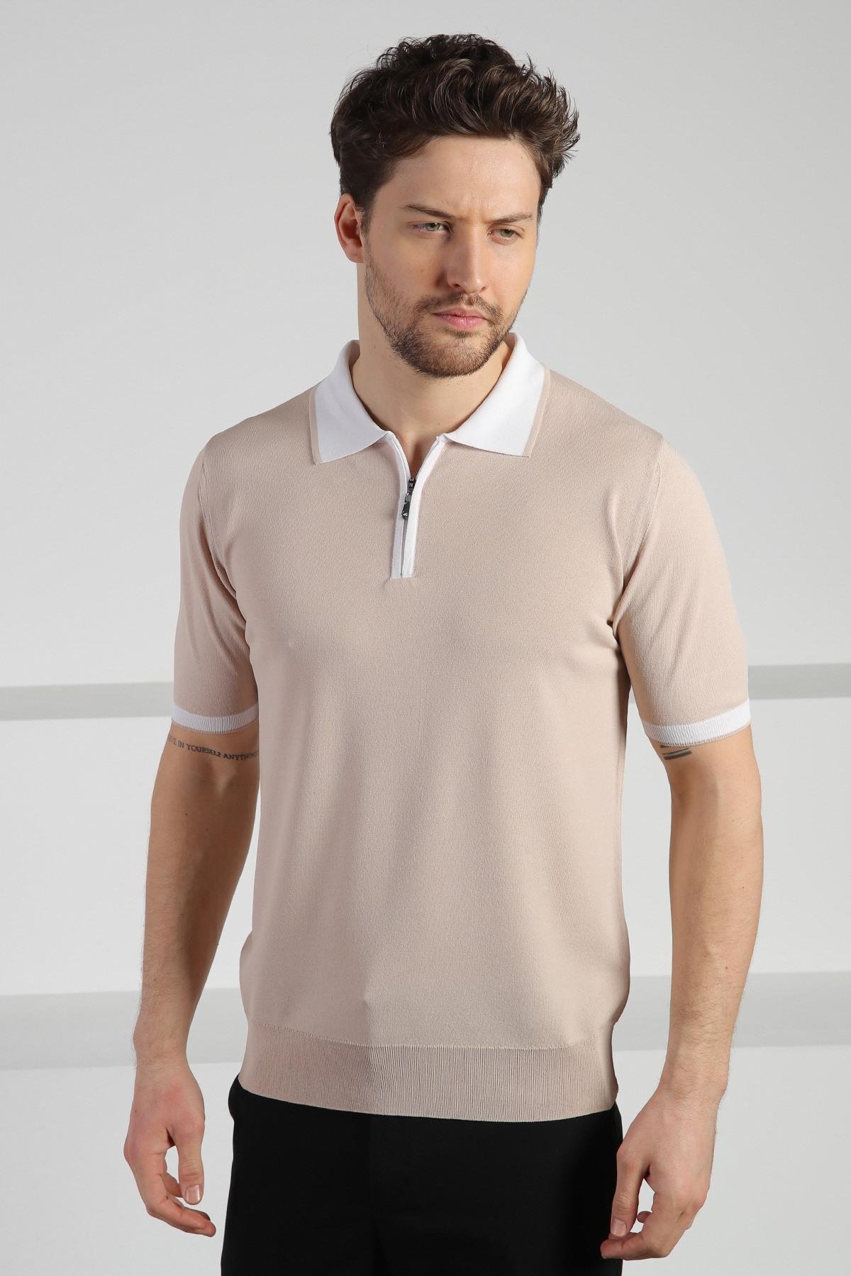 Ferraro Bej Fermuarlı Polo Yaka Erkek Rayon Triko T-Shirt