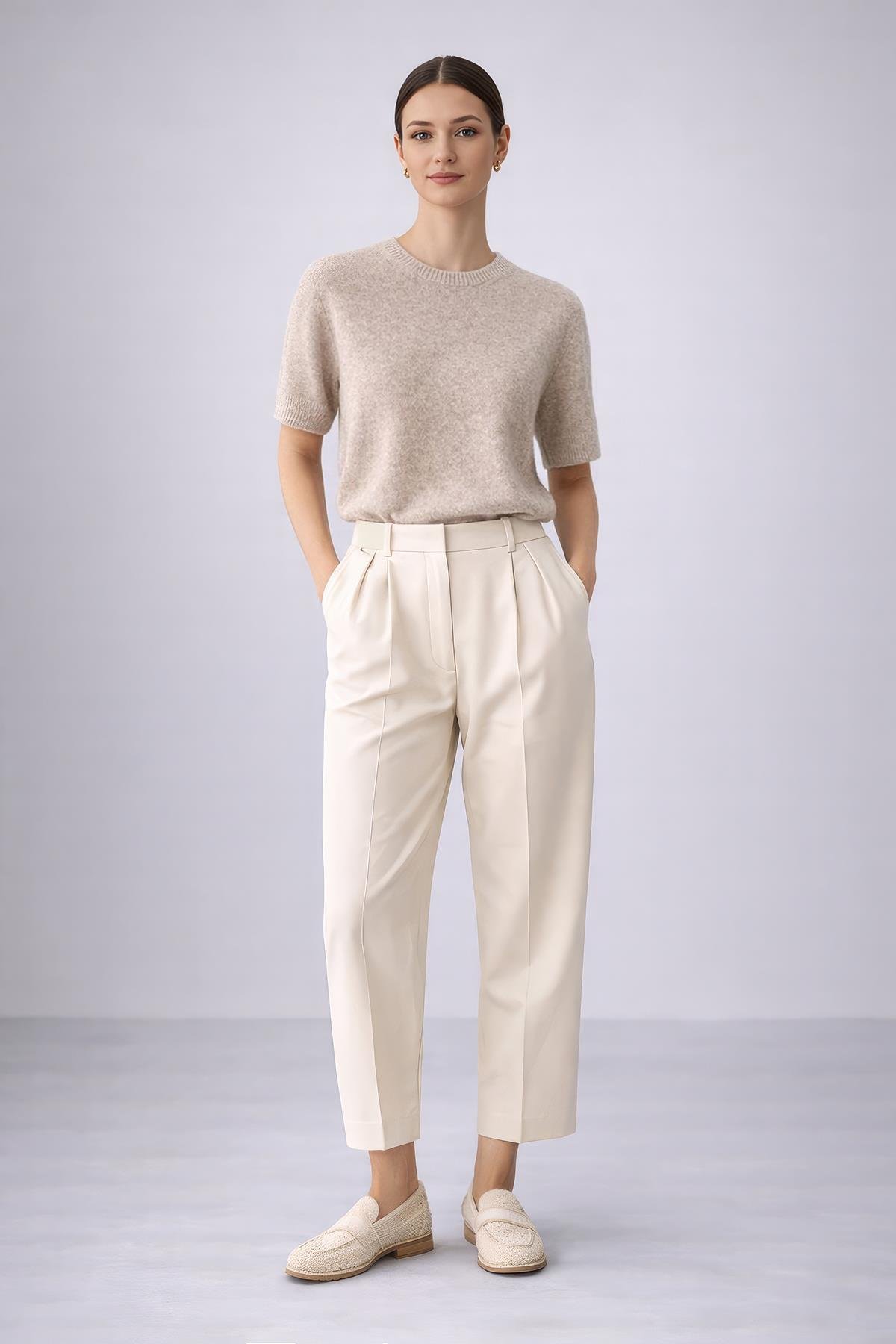 Ferraro Bej Kadın Mevsimlik Yün Karışımlı Kısa Kollu Triko Bluz