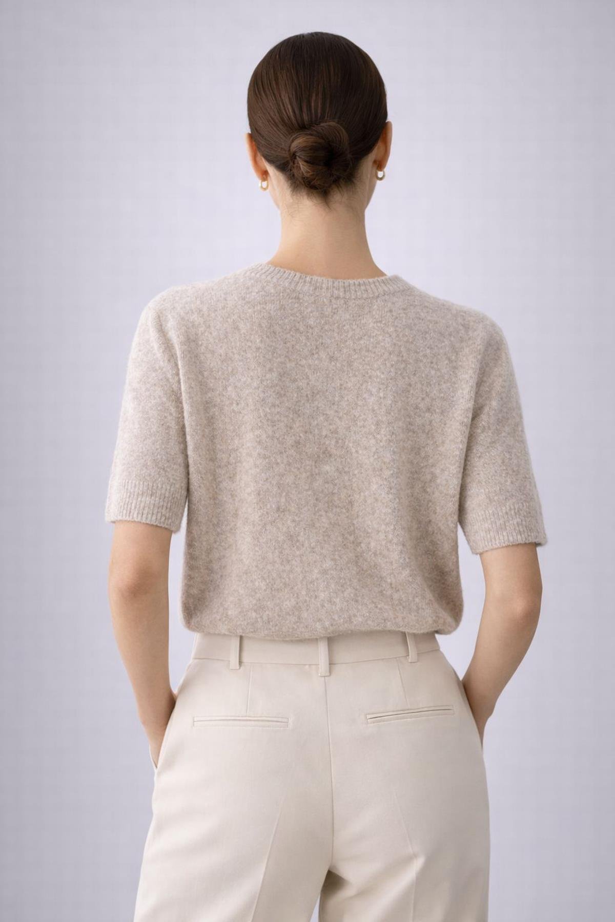 Ferraro Bej Kadın Mevsimlik Yün Karışımlı Kısa Kollu Triko Bluz