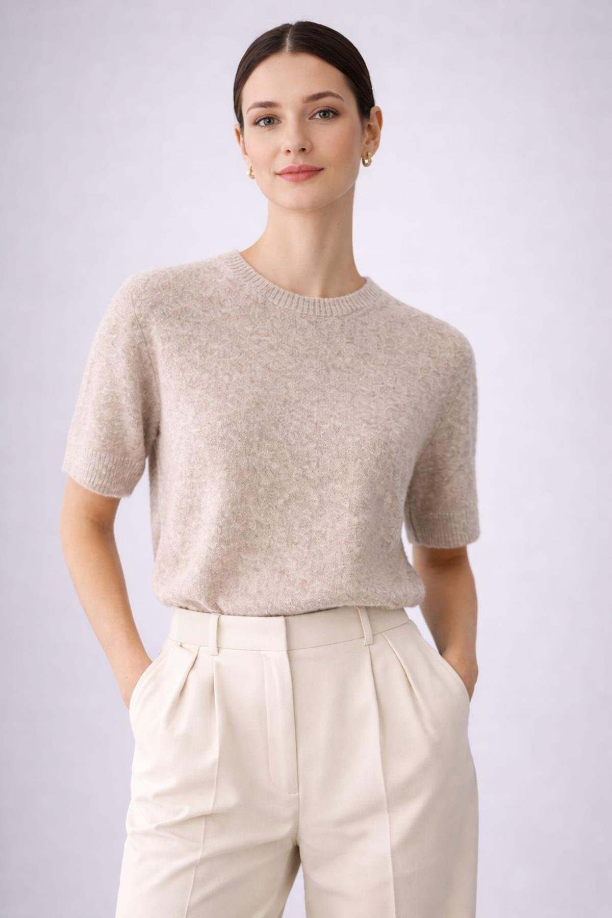 Ferraro Bej Kadın Mevsimlik Yün Karışımlı Kısa Kollu Triko Bluz