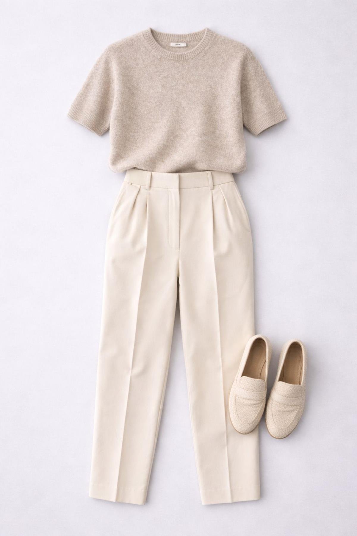 Ferraro Bej Kadın Mevsimlik Yün Karışımlı Kısa Kollu Triko Bluz