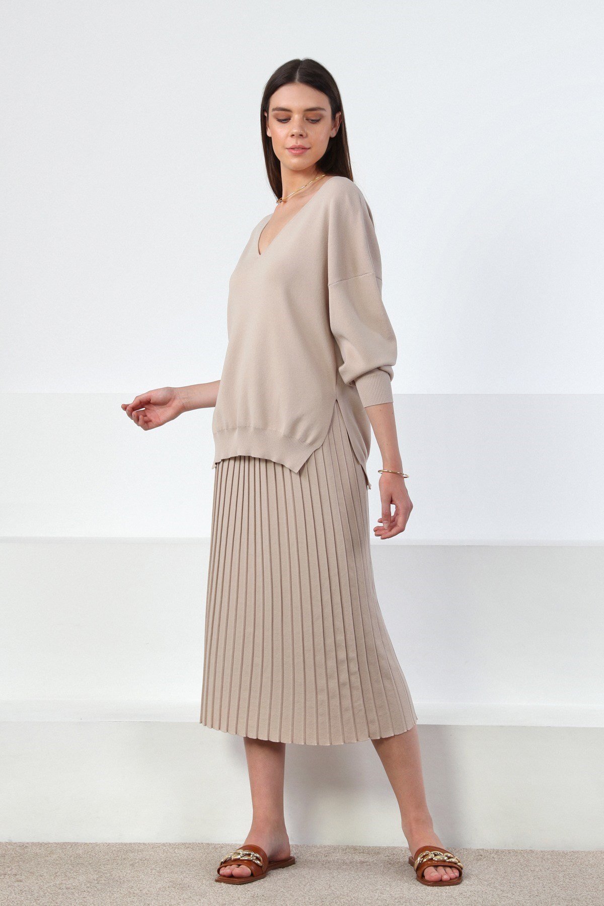 Ferraro Bej Midi Boy Pileli Kadın Triko Etek