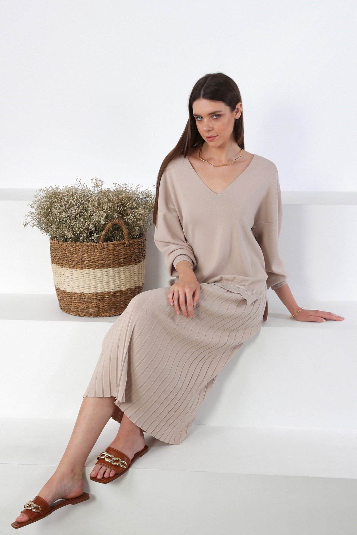 Ferraro Bej Midi Boy Pileli Kadın Triko Etek