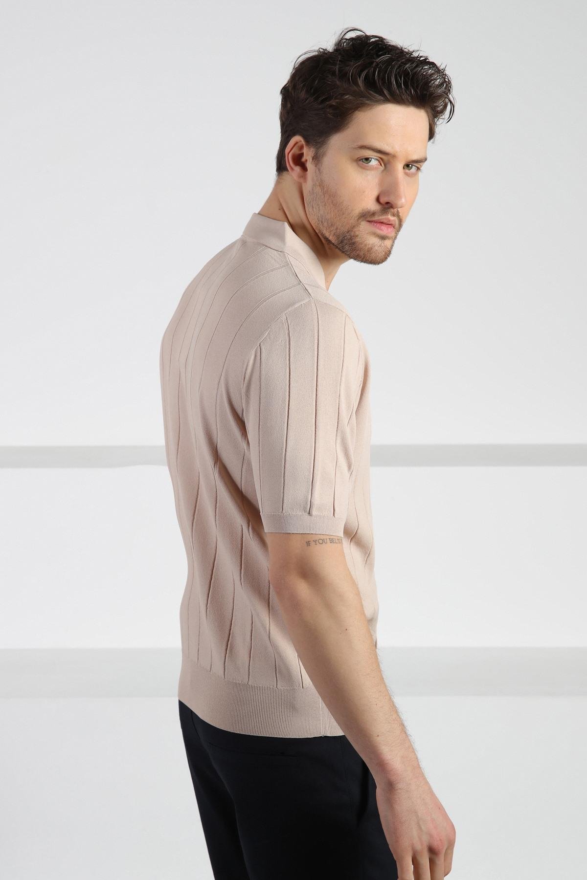 Ferraro Bej Önü Düğmeli Polo Yaka Erkek Rayon Triko T-Shirt