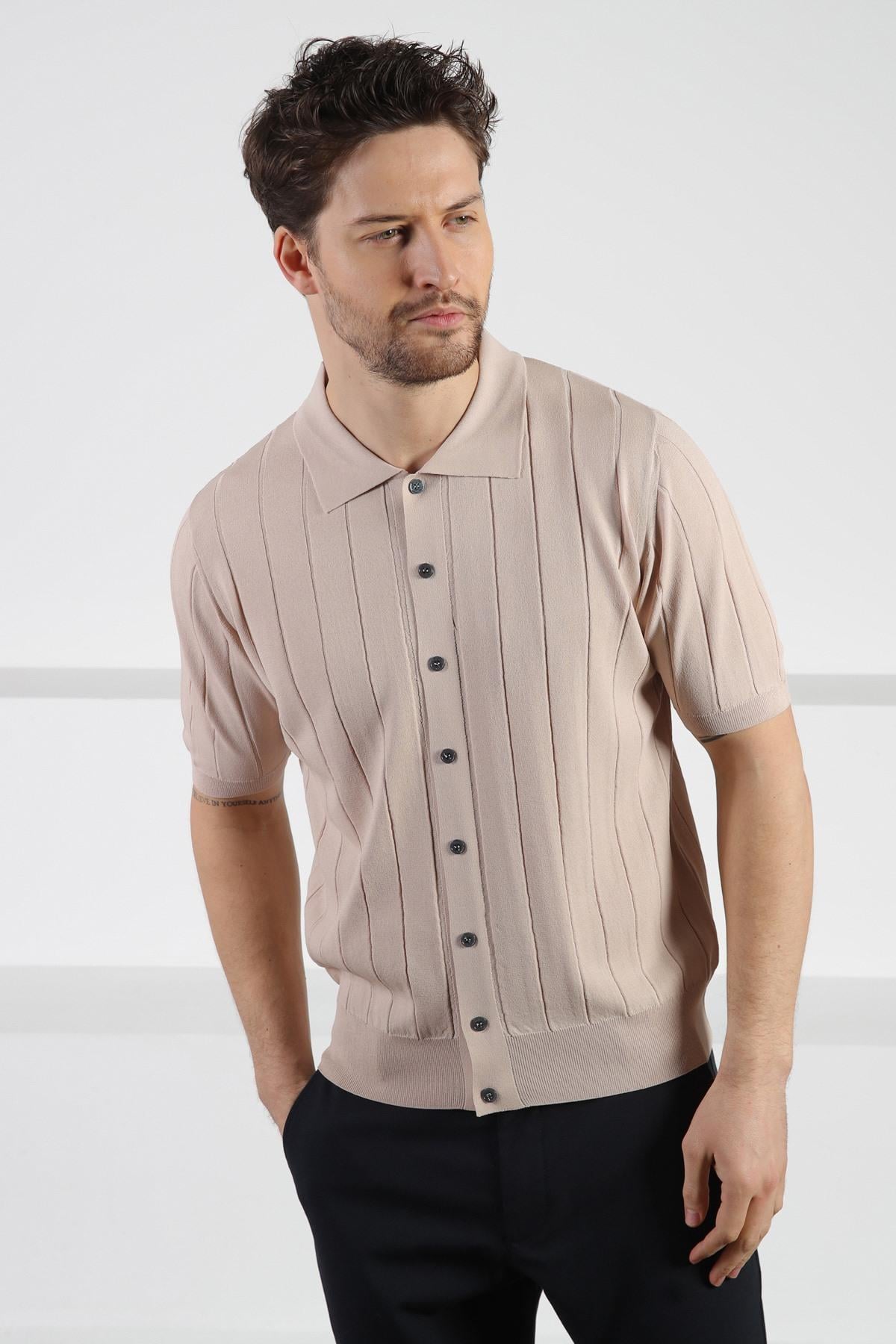 Ferraro Bej Önü Düğmeli Polo Yaka Erkek Rayon Triko T-Shirt