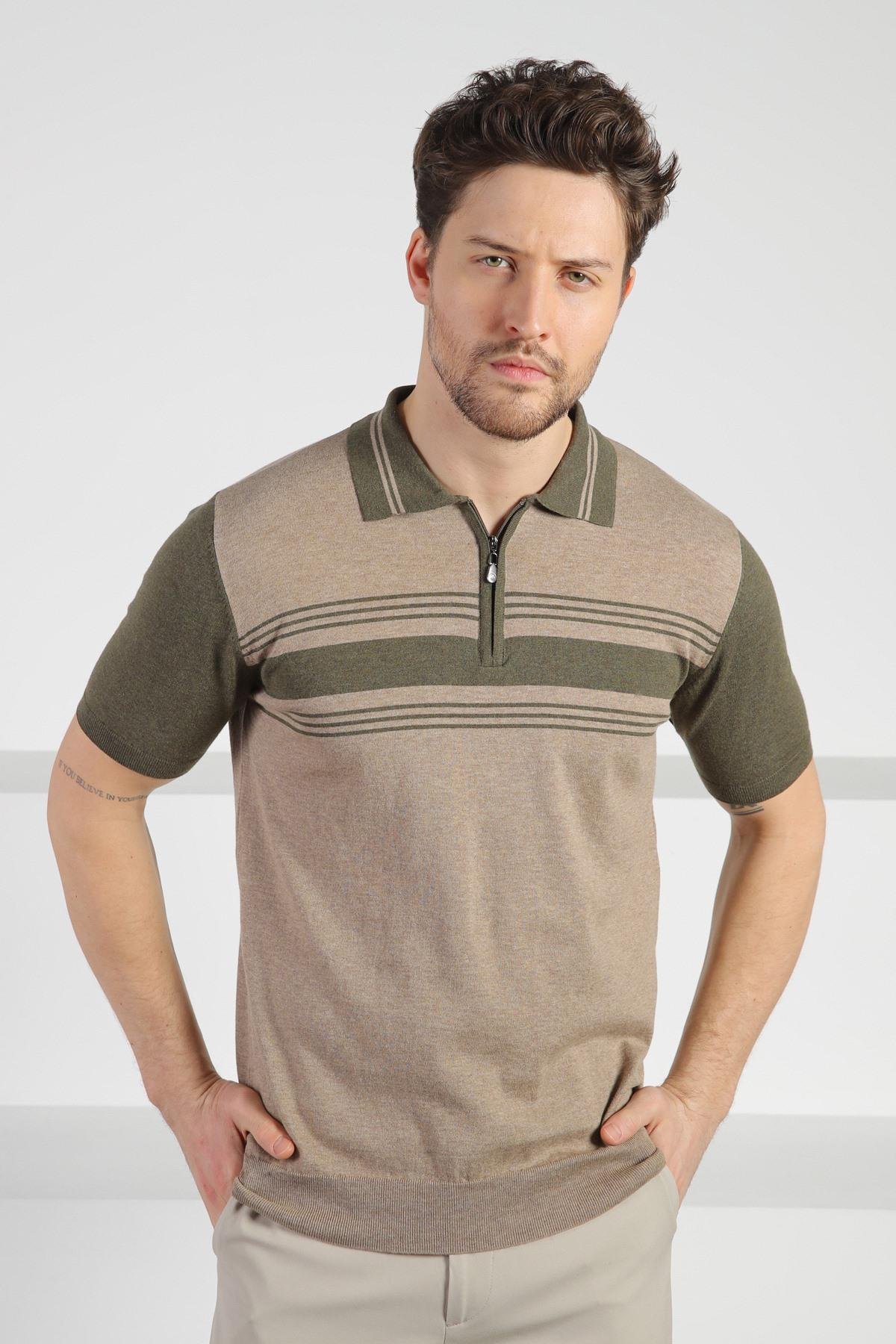 Ferraro Bej Polo Yaka Çizgili Fermuarlı Erkek Pamuk Triko T-Shirt