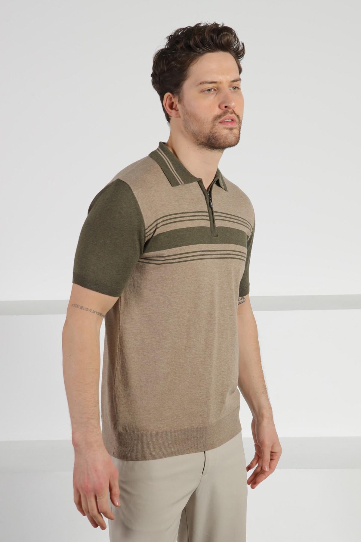 Ferraro Bej Polo Yaka Çizgili Fermuarlı Erkek Pamuk Triko T-Shirt