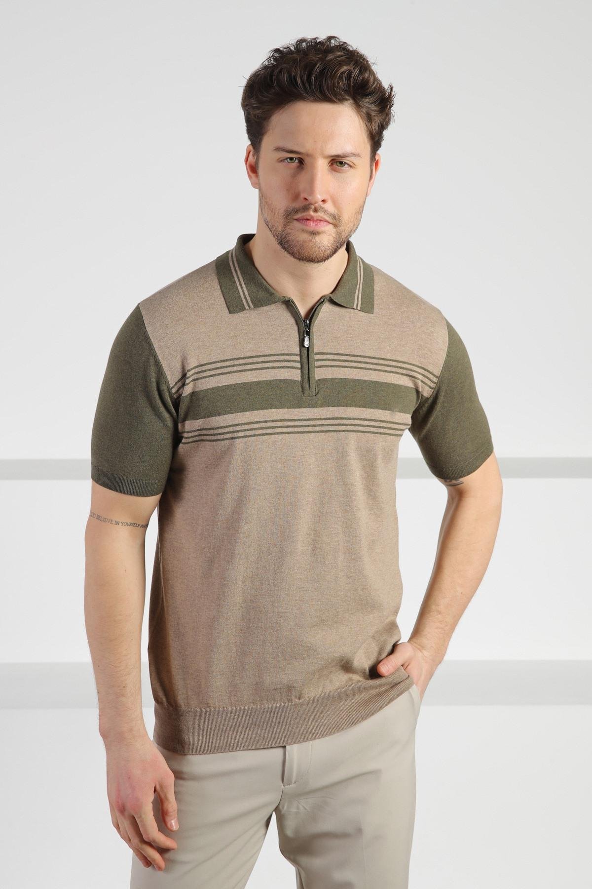 Ferraro Bej Polo Yaka Çizgili Fermuarlı Erkek Pamuk Triko T-Shirt