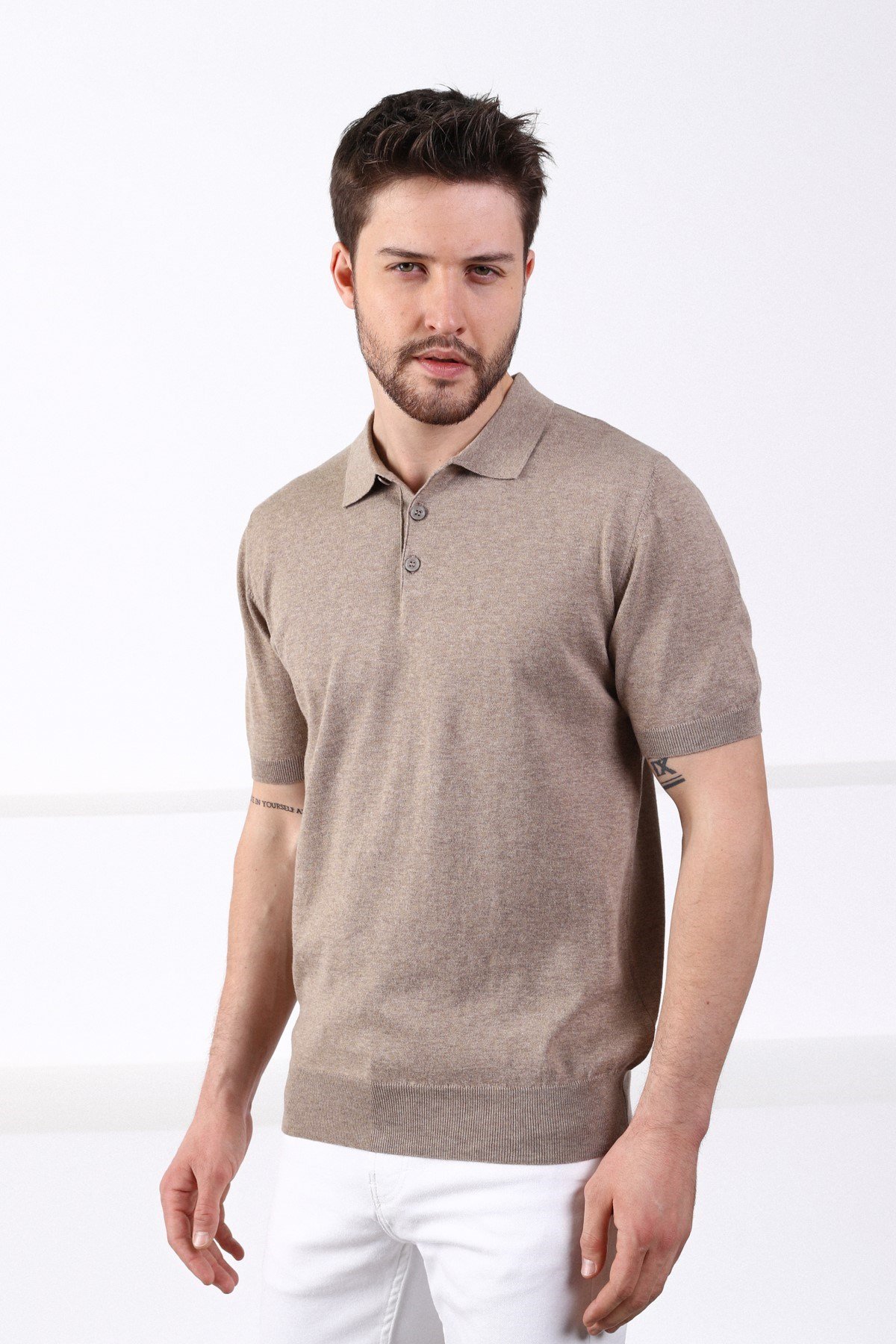 Ferraro Bej Polo Yaka Düz Renk Erkek Pamuk Triko T-Shirt
