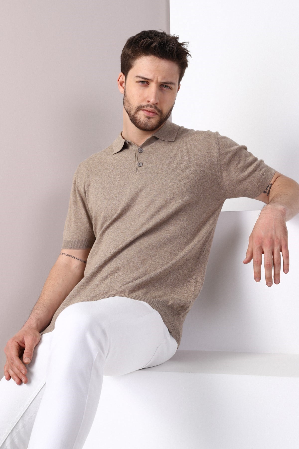 Ferraro Bej Polo Yaka Düz Renk Erkek Pamuk Triko T-Shirt