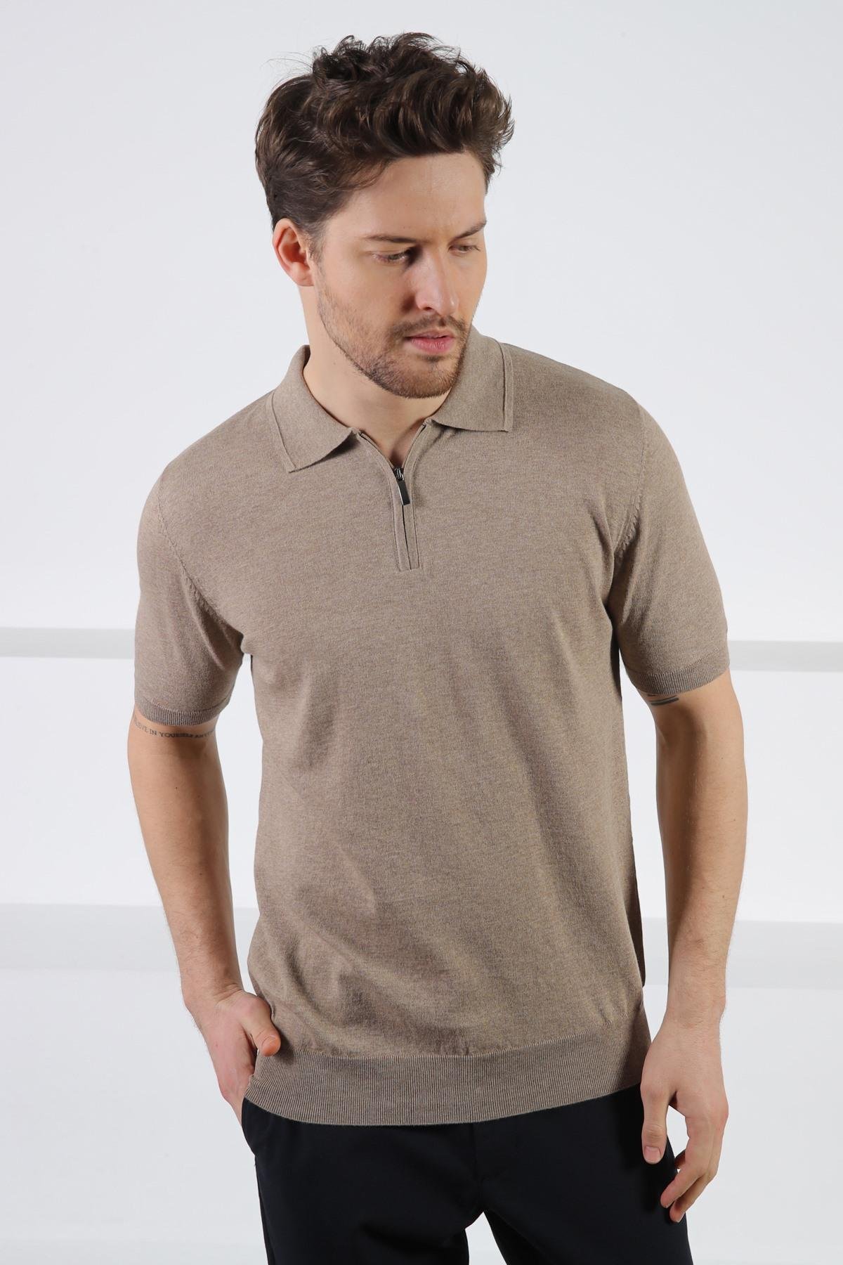 Ferraro Bej Polo Yaka Fermuarlı Erkek Pamuk Triko T-Shirt